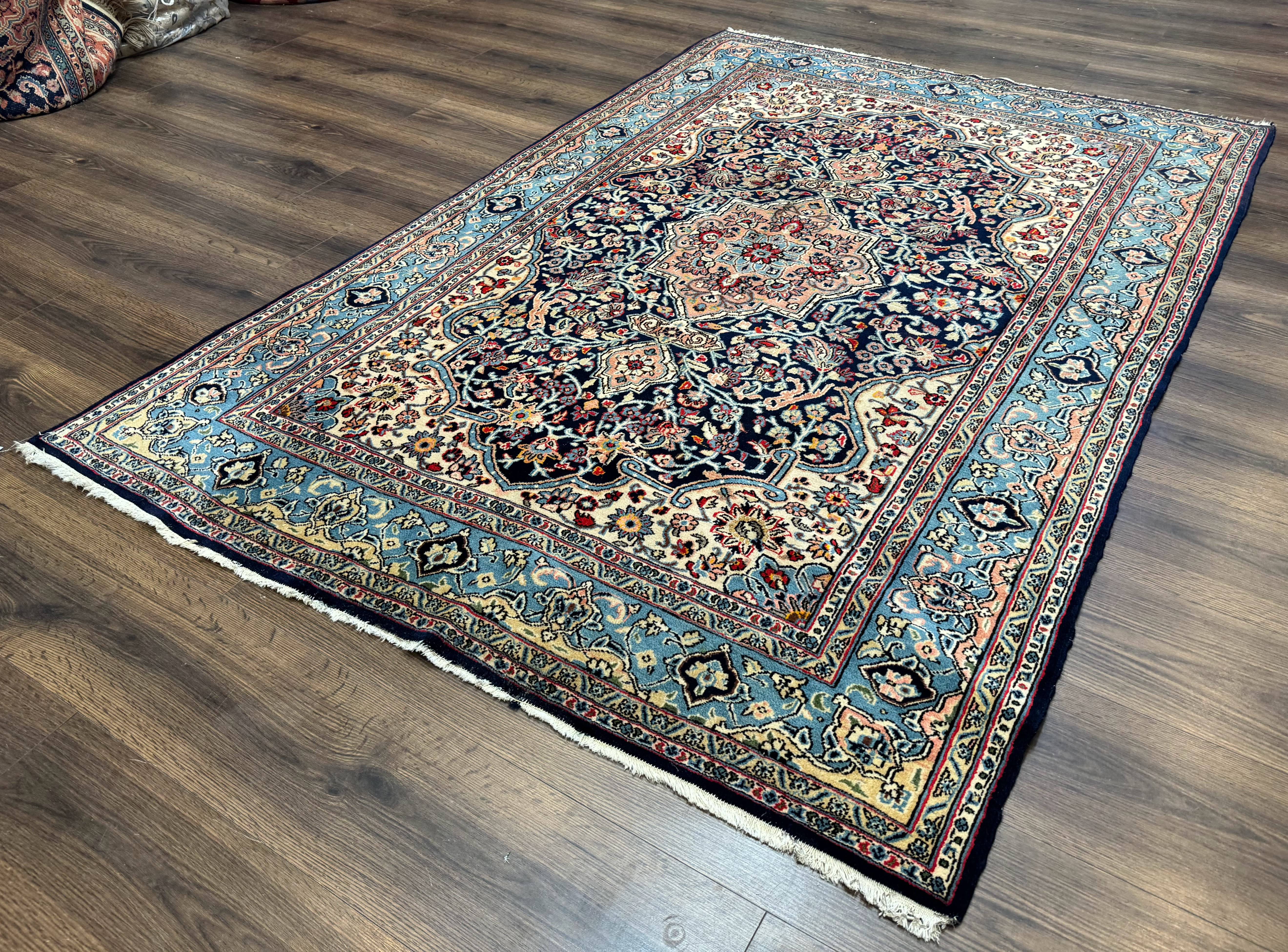 Persian Qum Rug 5x7 in Navy Light Blue and Ivory, Wool wilh Silk Highlights, 225 KPSI - Jewel Rugs