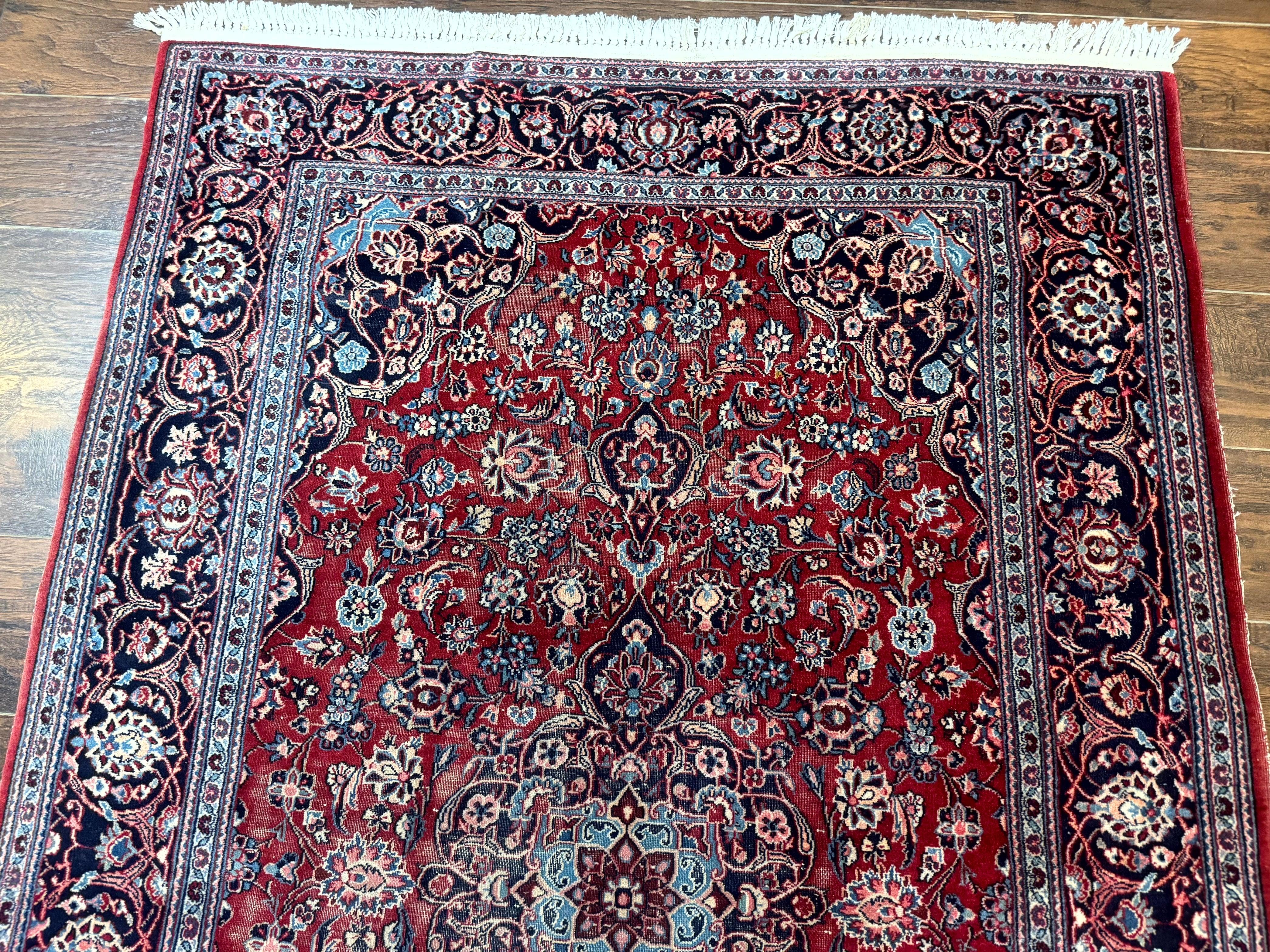 Antique Persian Kashan Rug 4x7, Red and Navy Blue, Floral Medallion, Traditional Oriental Carpet, Medium Low Pile - Jewel Rugs