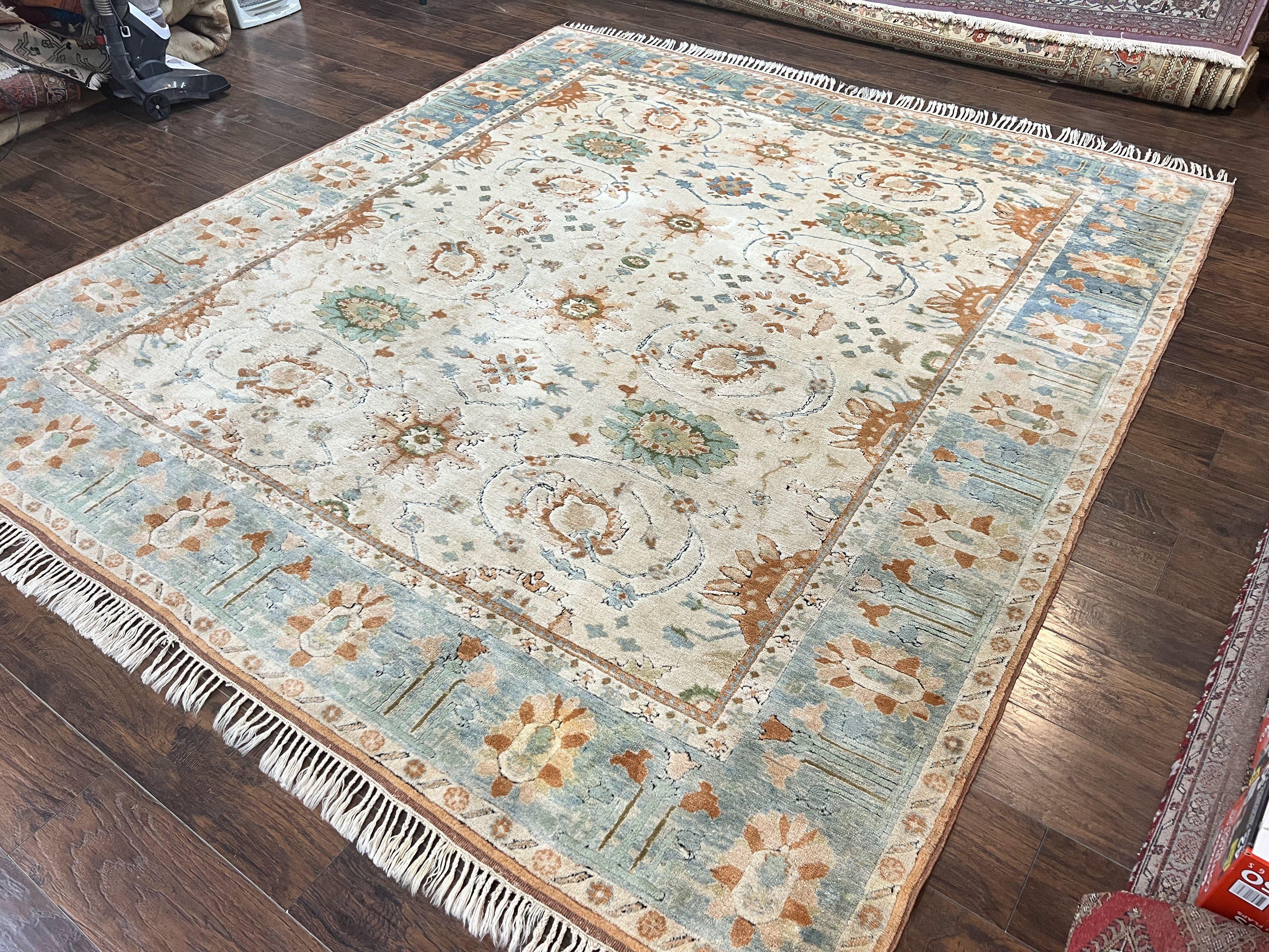 Turkish Oushak Rug 9x10, Neutral Colors, Wool Hand Knotted Vintage Handmade Oriental Carpet, Floral Allover, Farmhouse Rug, Beige Light Blue - Jewel Rugs