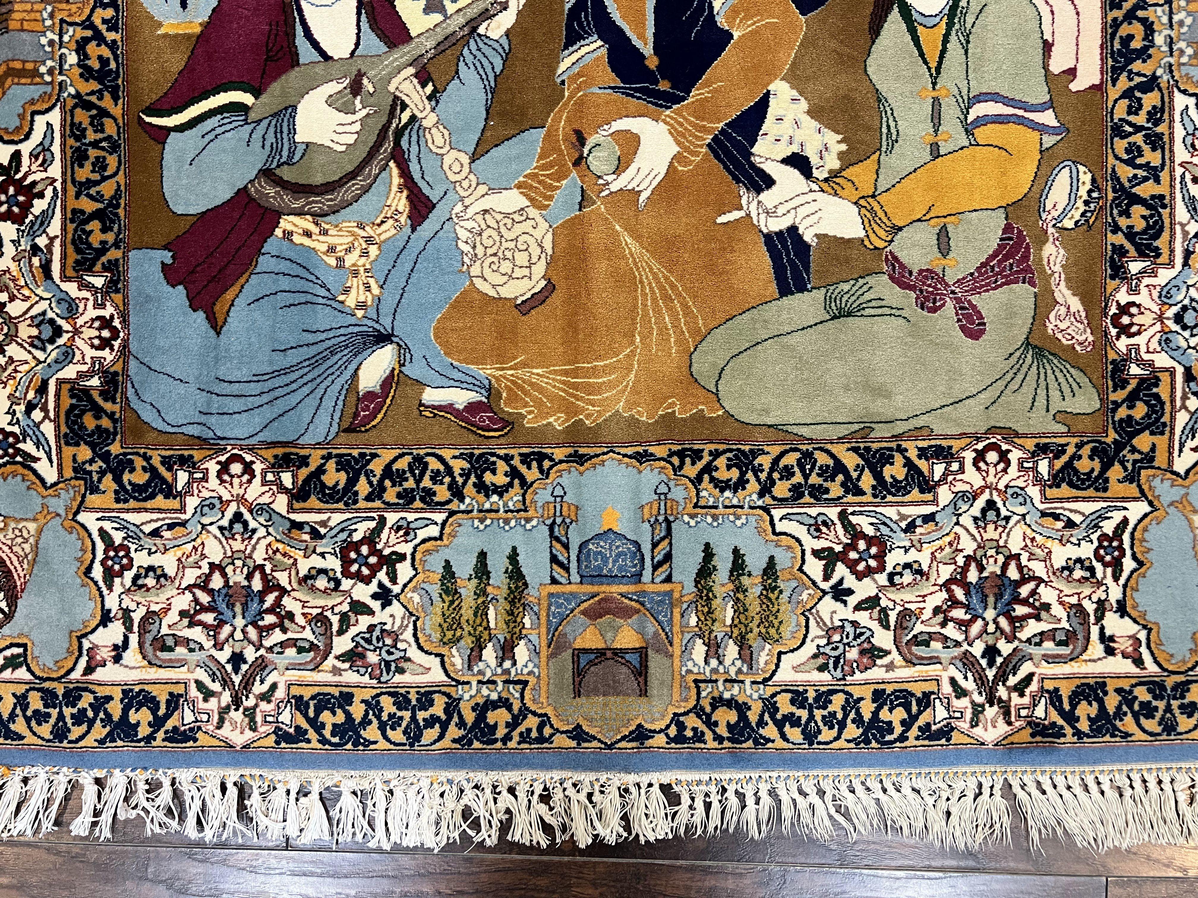 Persian Isfahan Pictoral Rug 3x6, Kork Wool on Silk Foundation, Handmade Vintage Carpet, 550 KPSI Super Fine, Lovers Palace Instruments - Jewel Rugs