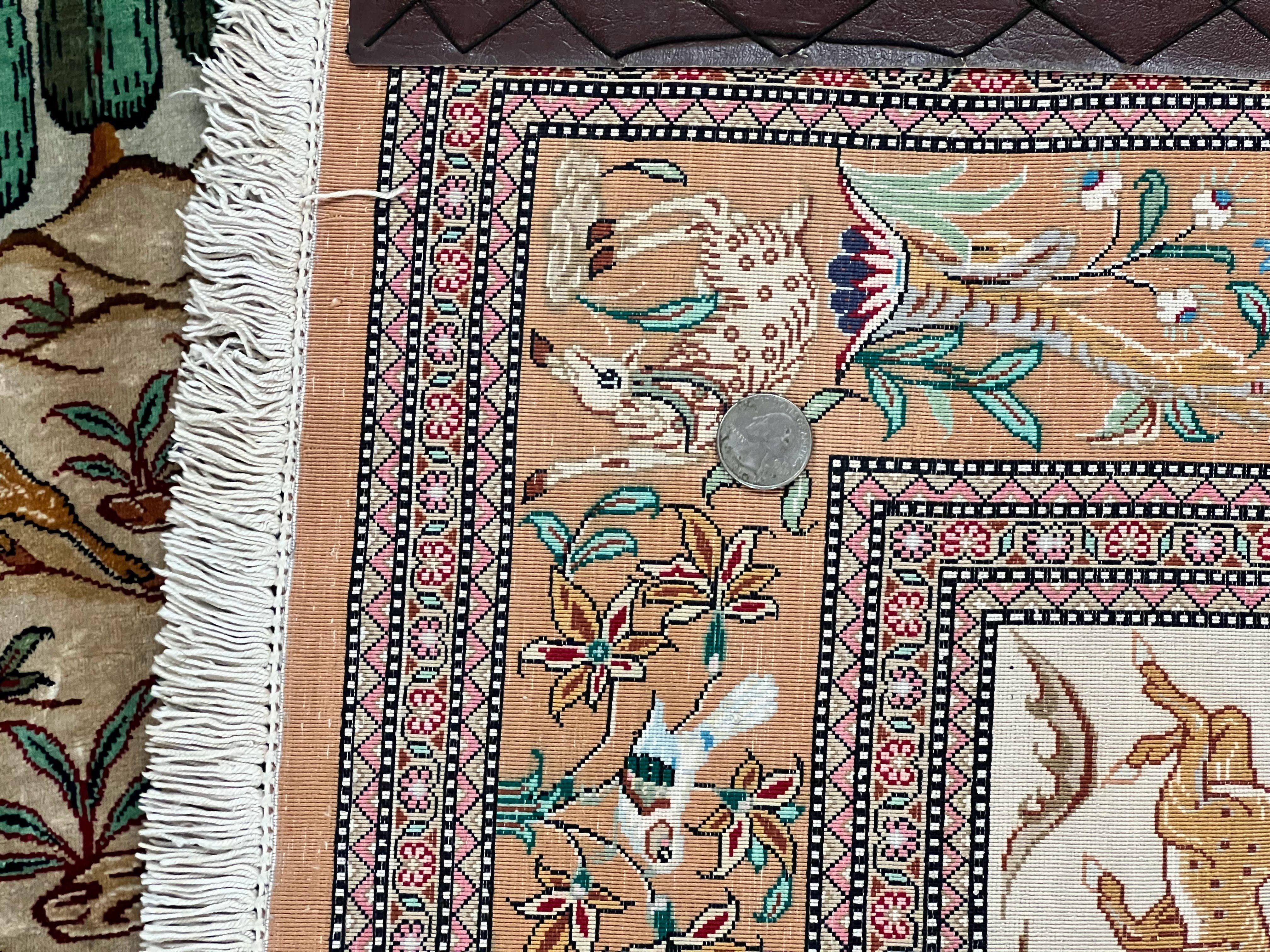 Silk Persian Qum Rug 3x5, Hunting Pattern, Handmade Vintage Carpet, Signed by Master Weaver, Horsemen Pictorials, Super Fine 650 KPSI - Jewel Rugs