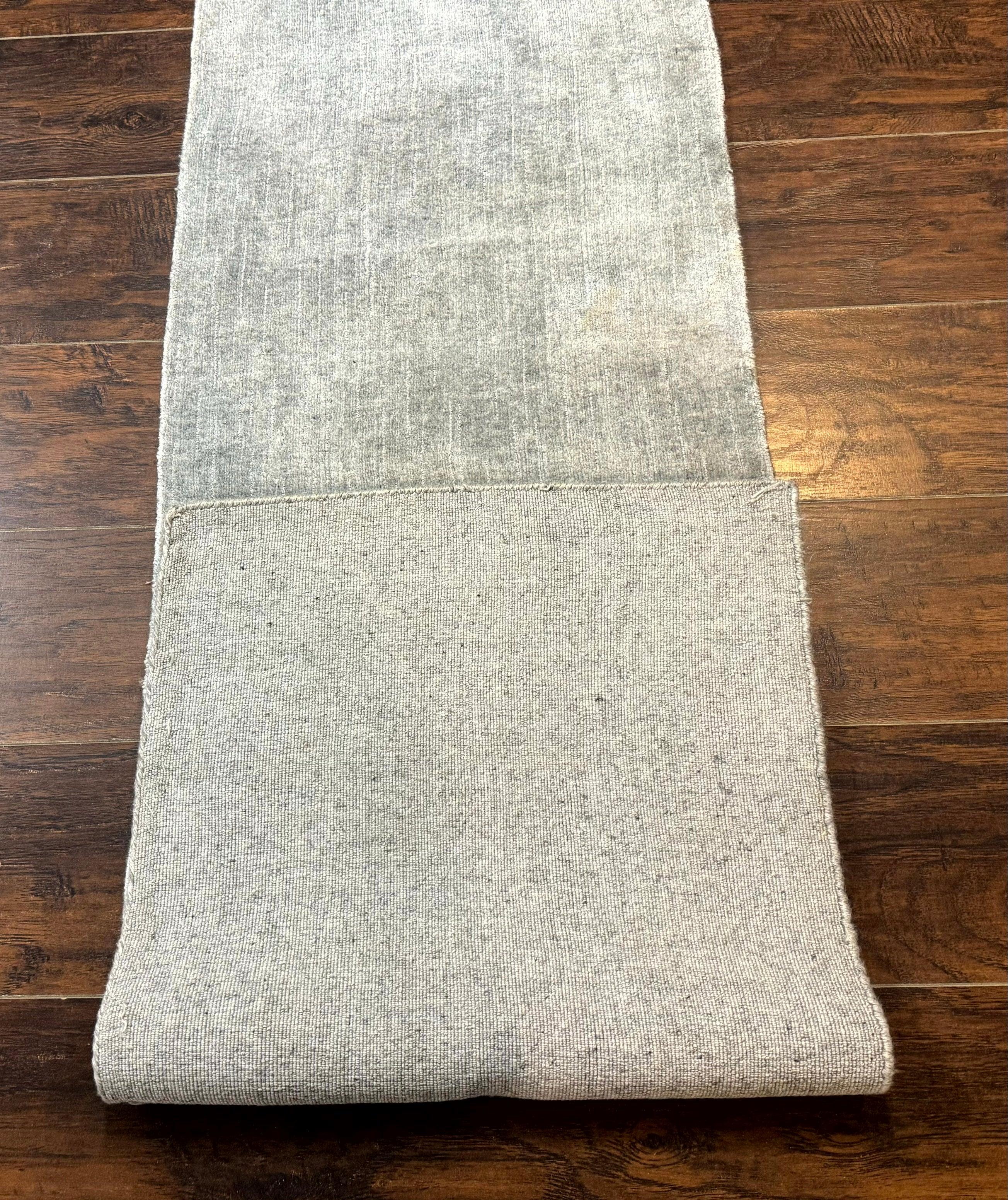 Modern Tibetan Runner Rug 1.9 x 8.6, Wool and Silk Highlights, Gray/Silver, Narrow Runner for Hallway or Kitchen - Jewel Rugs
