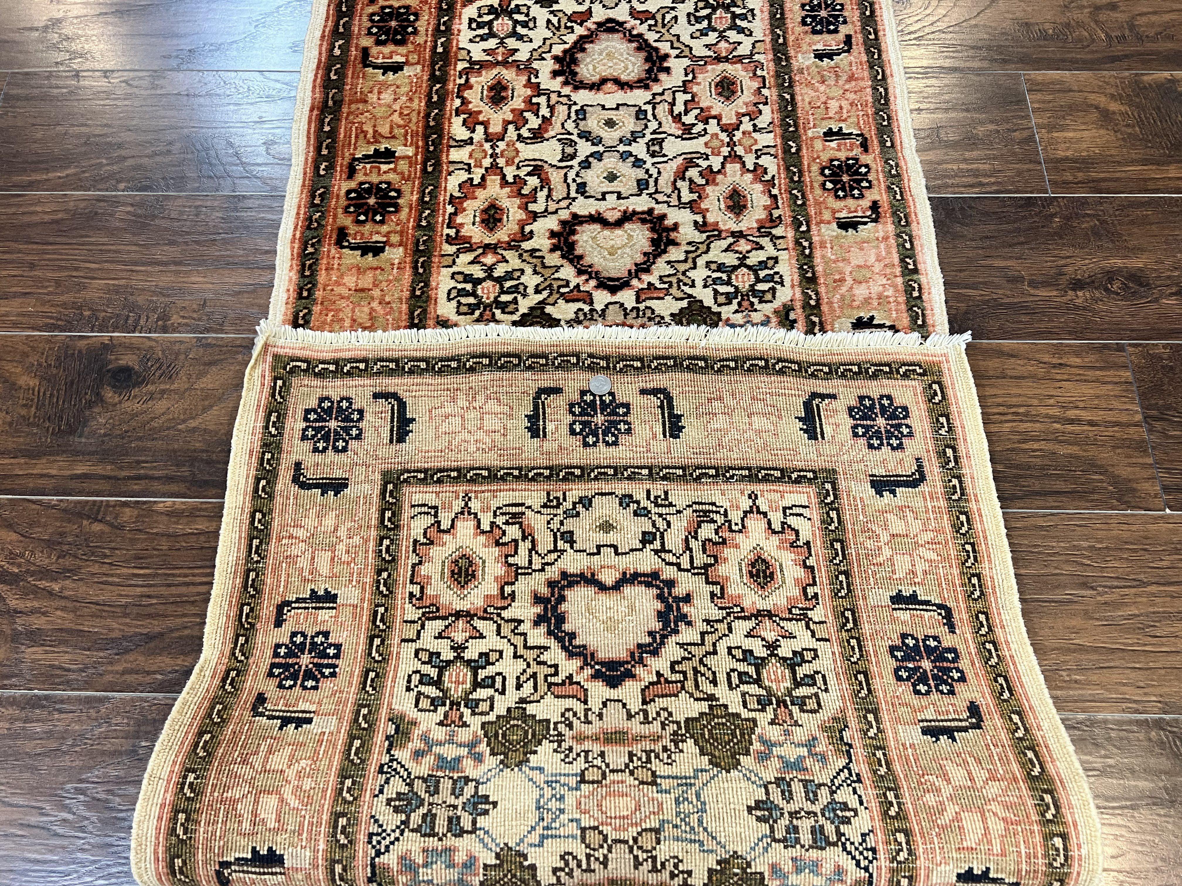 Romanian Runner Rug 2.6 x 12.9, Wool Handmade Hand Knotted Skinny Runner for Hallway, Floral Allover, Vintage Tan Runner - Jewel Rugs