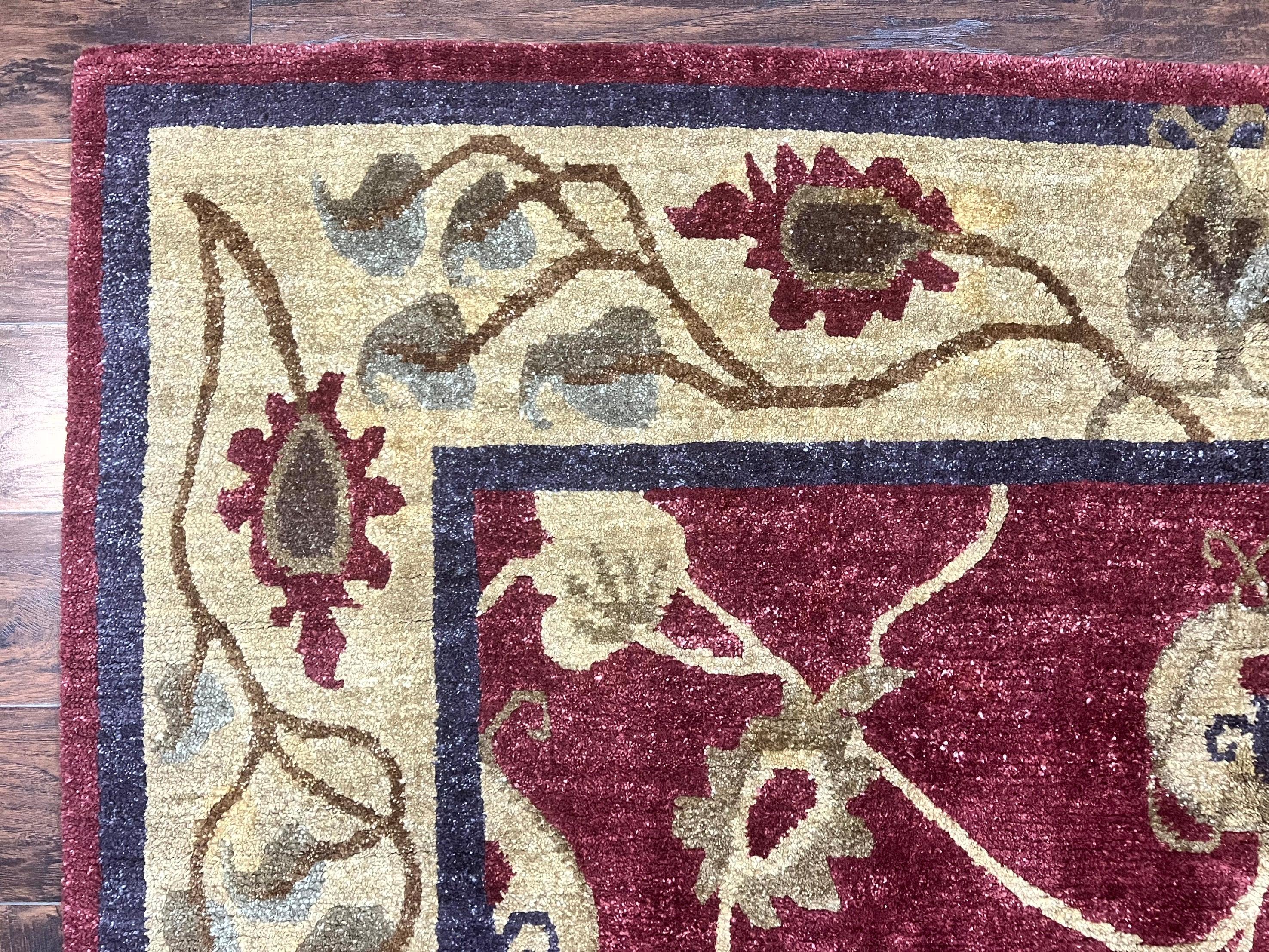 Tibetan Aubusson Rug 8x10, Maroon and Beige, Floral, Handmade, Wool, Vintage, Traditional Rug - Jewel Rugs