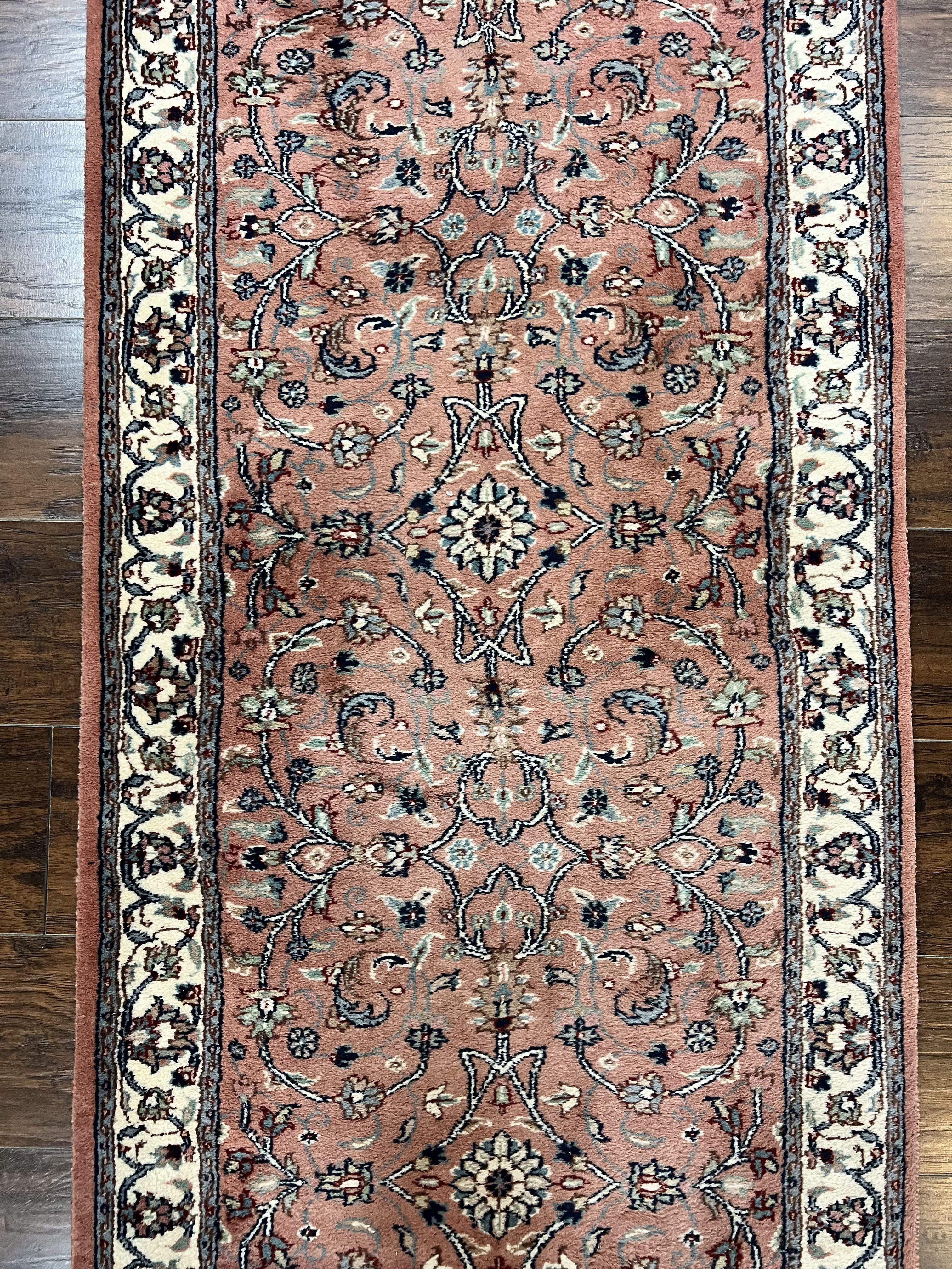 Indo Persian Runner Rug 2.6 x 10, Wool Hand Knotted Vintage Oriental Carpet, Pink & Ivory, Floral Allover, Hallway Rug - Jewel Rugs