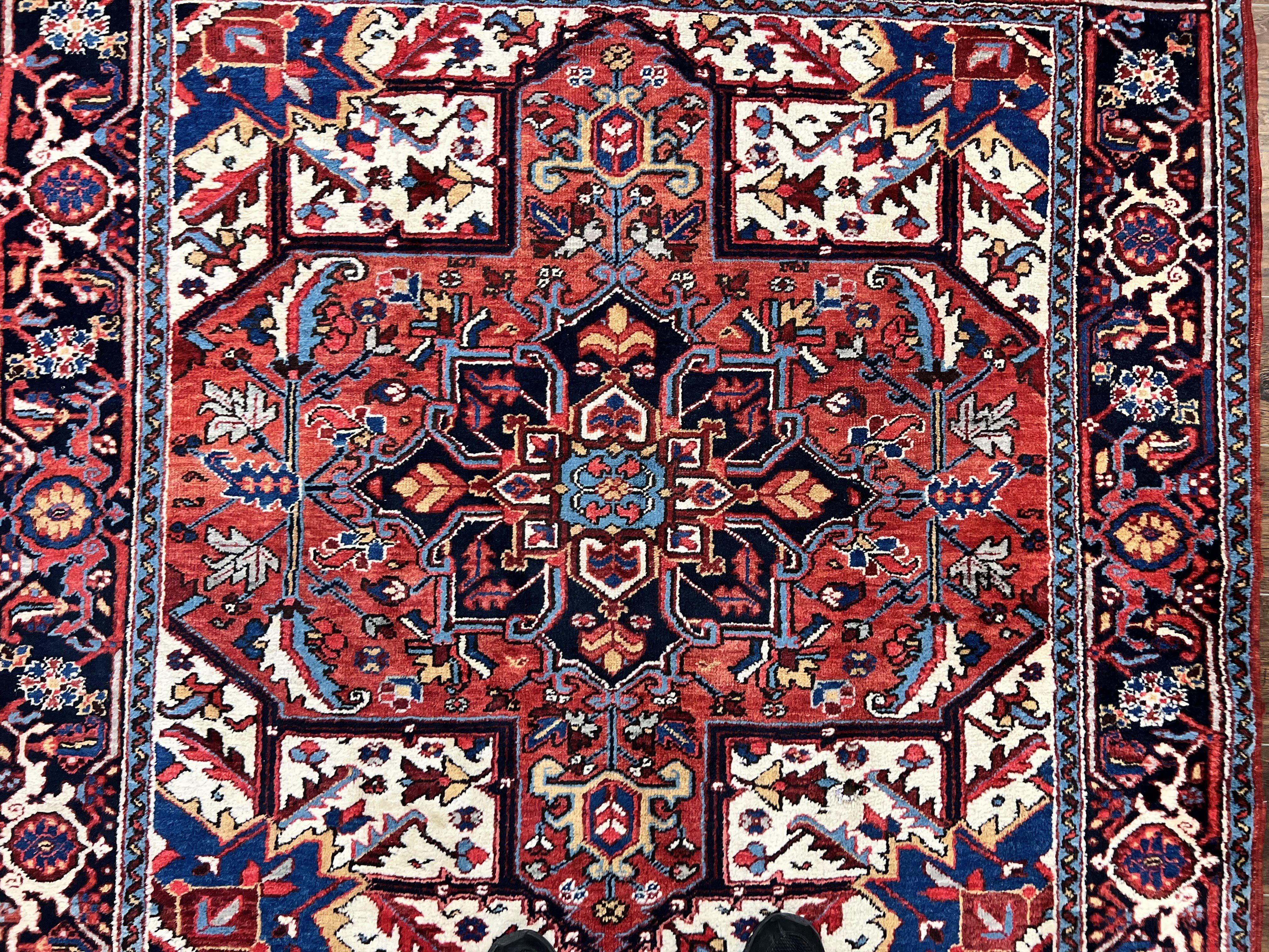 Persian Heriz Square Rug 6x6, Wool Hand Knotted Antique Carpet, Red Ivory & Navy Blue, Geometric Design Oriental Rug 6ft Square Handmade Rug - Jewel Rugs