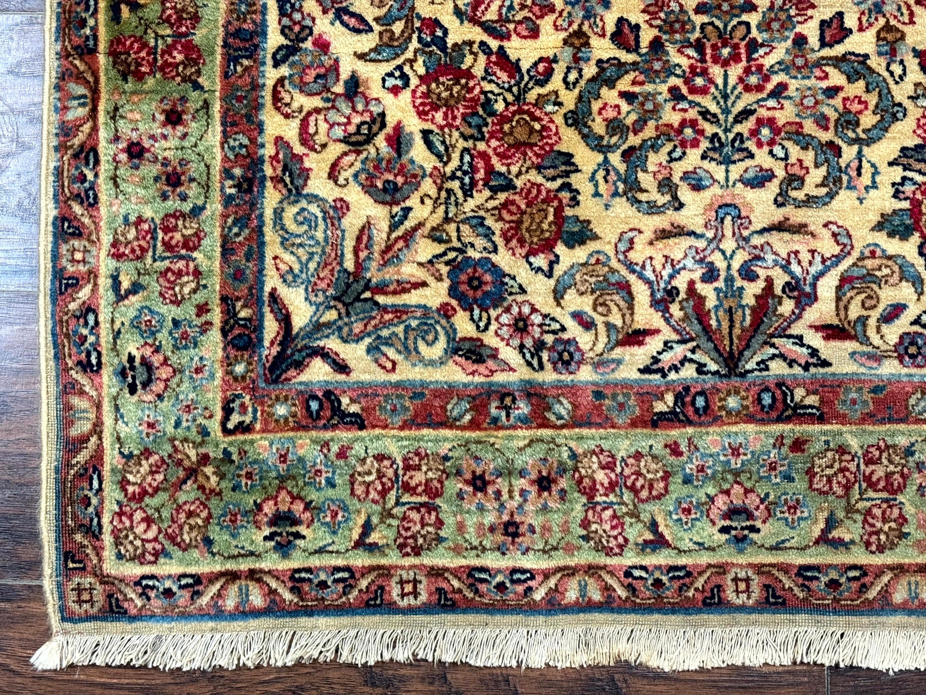 Antique Persian Kerman Rug 3x5, Floral Design, Cream and Light Green - Jewel Rugs