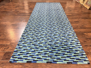 Wide Runner Rug 4.7 x 12, Blue Multicolor Contemporary Wool Power Loomed Rug, Mosiac Design
