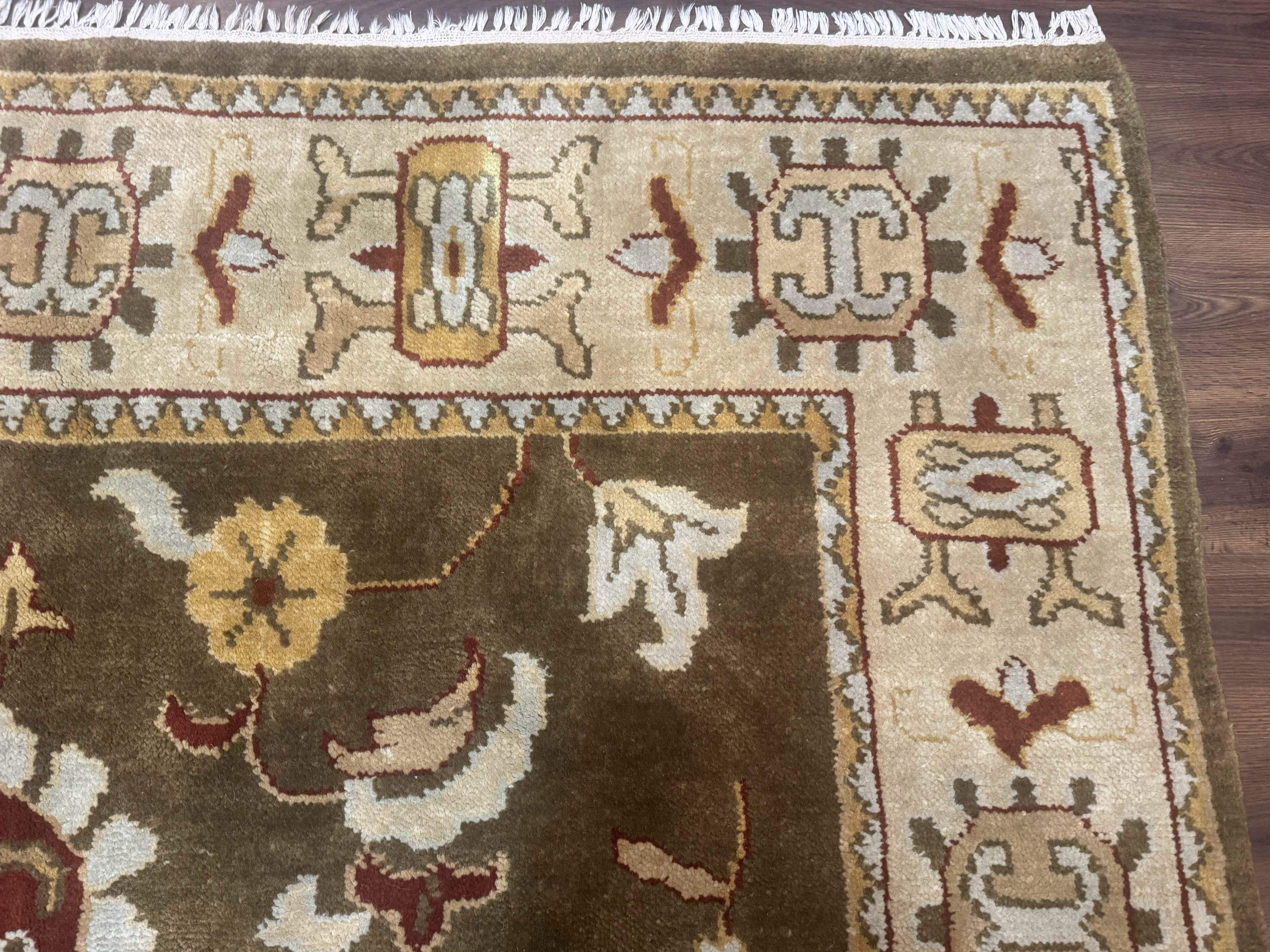 Indo Mahal Rug 8x11 – Olive Green Hand-Knotted Wool Carpet - Jewel Rugs