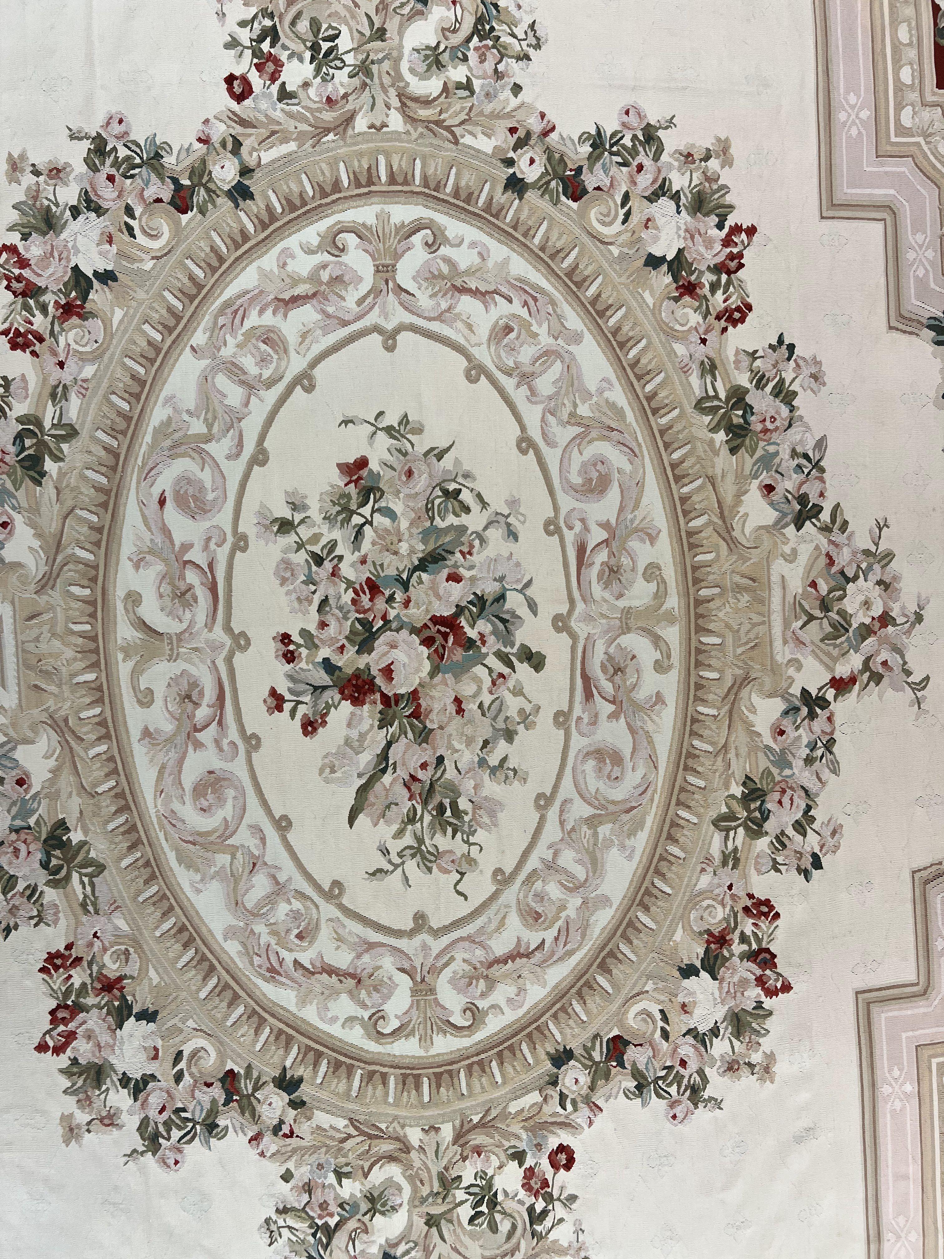 Large Aubusson Rug 11x17, Wool Handmade Vintage Carpet, Ivory Beige, French European Elegant Design, Palace Size Rug - Jewel Rugs