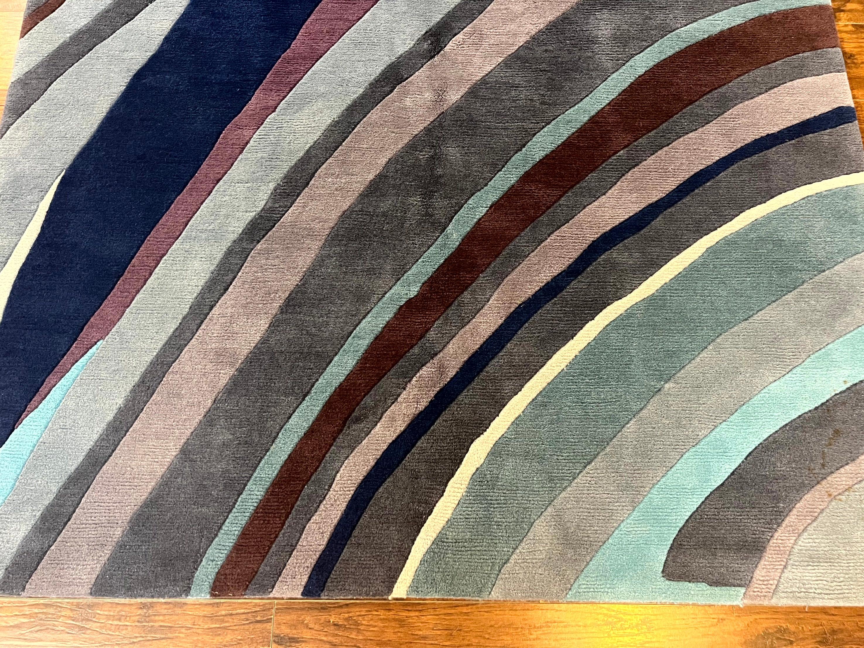 Modern Nepali Handmade Wool Rug 6x8, Blues Gray Mauve, Abstract, Nepali Tibetan Rug - Jewel Rugs