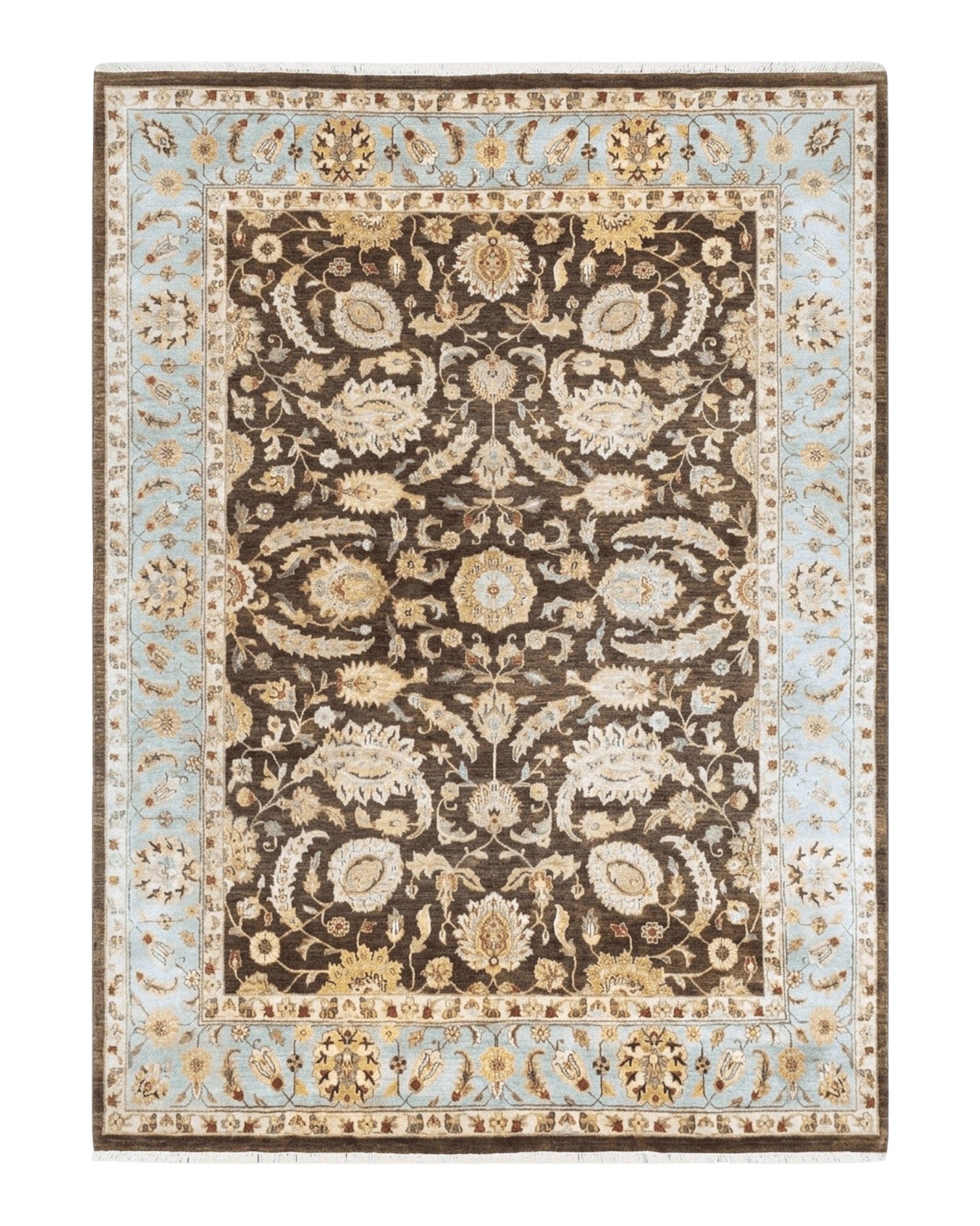 Indo Persian Mahal Rug 9x12, Brown Light Blue, Allover Pattern India 8' 8" x 12' in Brown and Light Blue - 2605J046