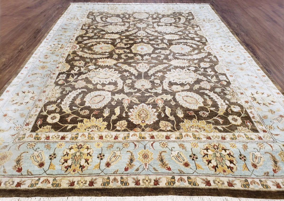 Indo Persian Mahal Rug 9x12, Brown Light Blue, Allover Pattern India 8' 8" x 12' in Brown and Light Blue - 2605J046