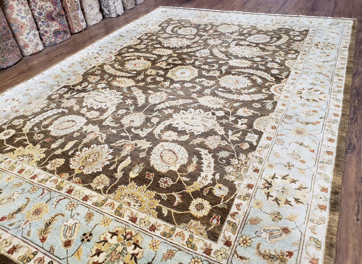 Indo Persian Mahal Rug 9x12, Brown Light Blue, Allover Pattern India 8' 8" x 12' in Brown and Light Blue - 2605J046