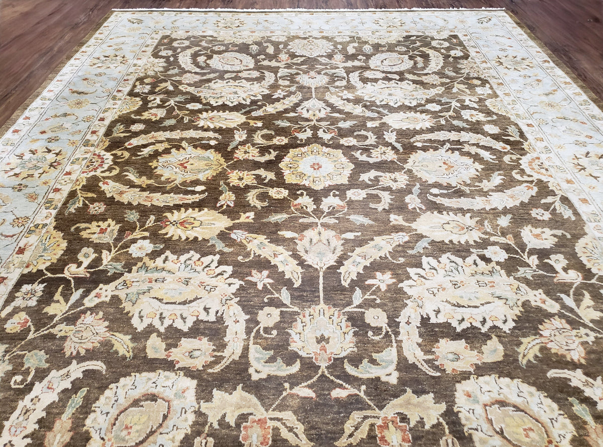 Indo Persian Mahal Rug 9x12, Brown Light Blue, Allover Pattern India 8' 8" x 12' in Brown and Light Blue - 2605J046