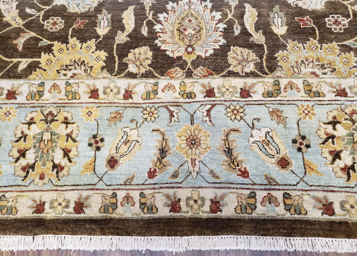 Indo Persian Mahal Rug 9x12, Brown Light Blue, Allover Pattern India 8' 8" x 12' in Brown and Light Blue - 2605J046