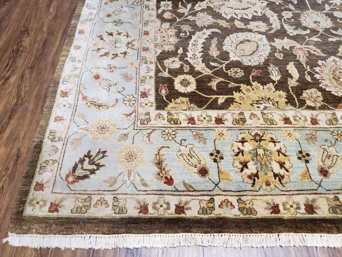 Indo Persian Mahal Rug 9x12, Brown Light Blue, Allover Pattern India 8' 8" x 12' in Brown and Light Blue - 2605J046