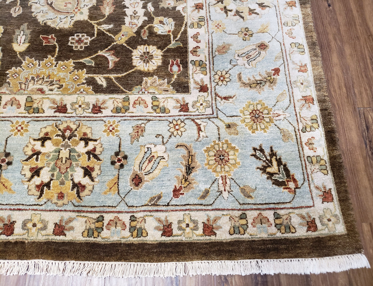Indo Persian Mahal Rug 9x12, Brown Light Blue, Allover Pattern India 8' 8" x 12' in Brown and Light Blue - 2605J046