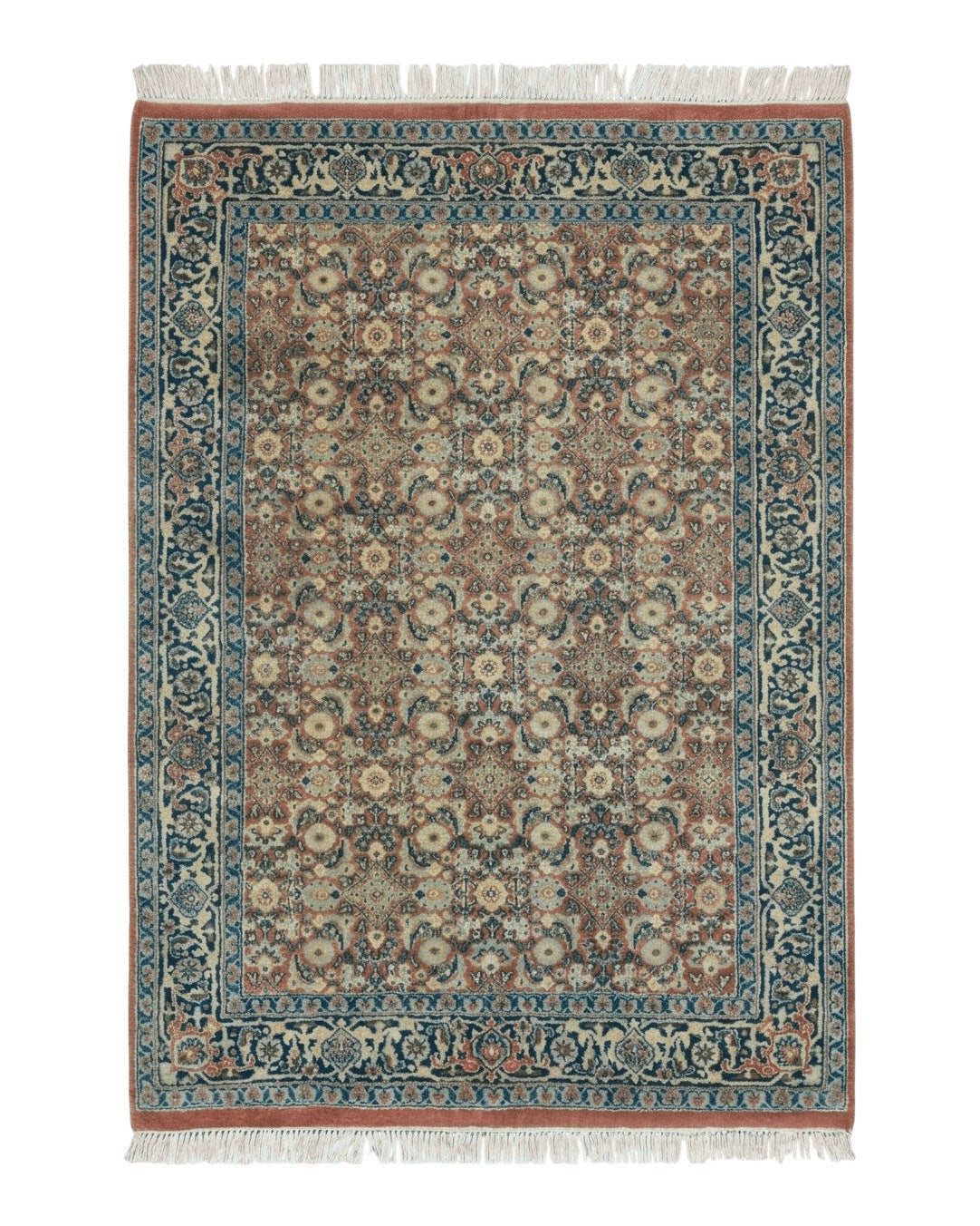 Indo Persian Rug 4x6, Floral Allover, Wool India 4' 2" x 6' 1" in Rust and Navy Blue - 2605J051