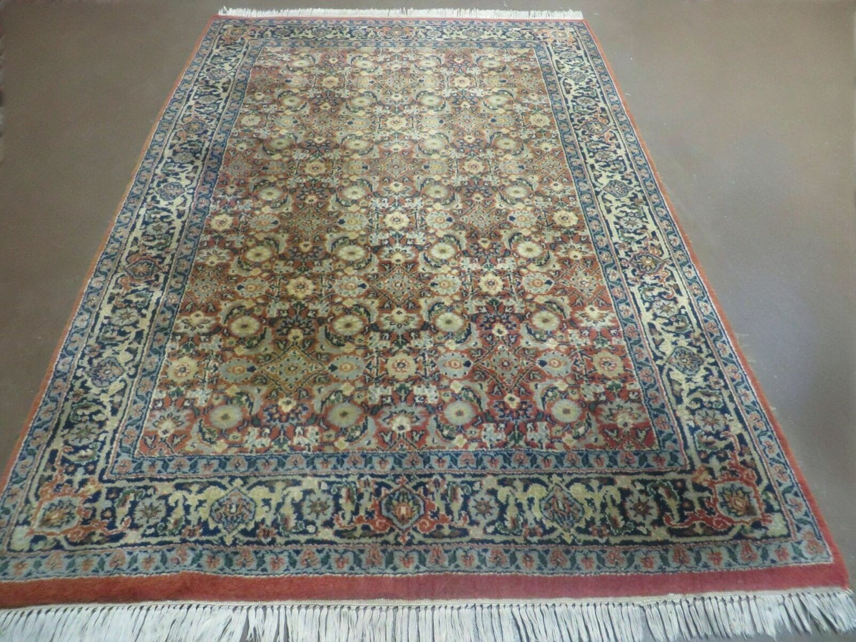 Indo Persian Rug 4x6, Floral Allover, Wool India 4' 2" x 6' 1" in Rust and Navy Blue - 2605J051