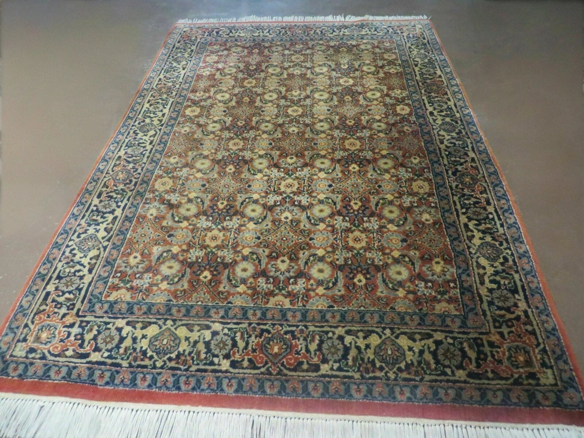 Indo Persian Rug 4x6, Floral Allover, Wool India 4' 2" x 6' 1" in Rust and Navy Blue - 2605J051