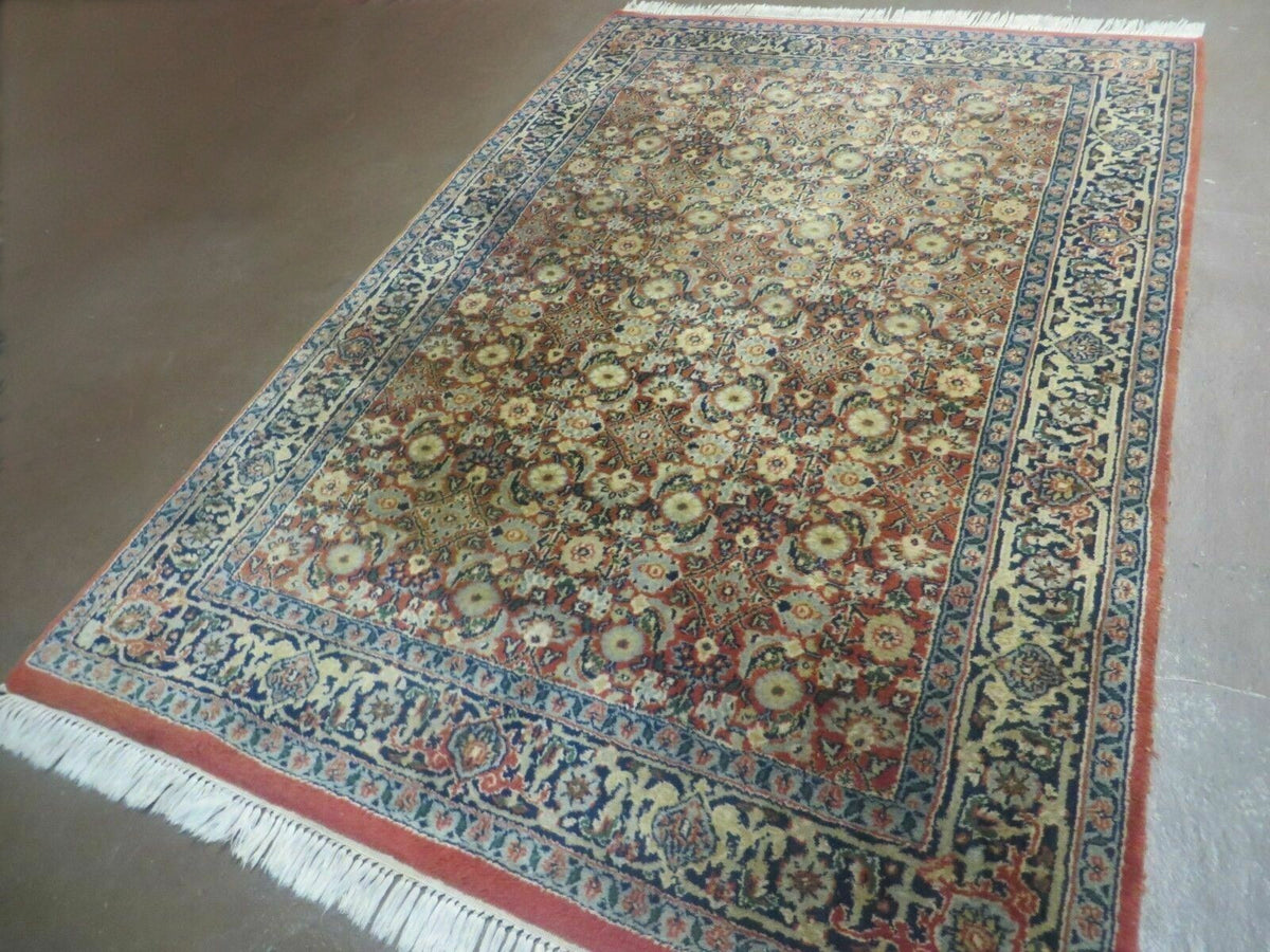 Indo Persian Rug 4x6, Floral Allover, Wool India 4' 2" x 6' 1" in Rust and Navy Blue - 2605J051