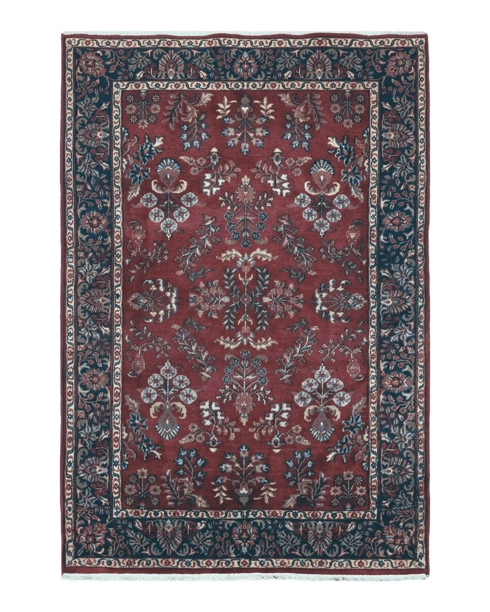 Indo Persian Rug 4x7, Floral India 4' 1" x 6' 6" in Dark Red and Navy - 2605J050