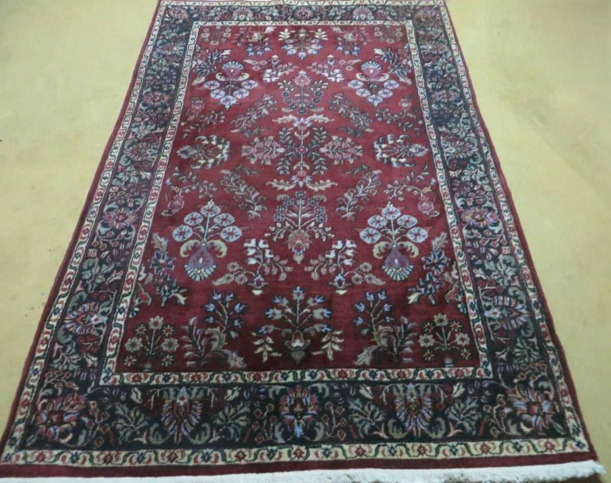 Indo Persian Rug 4x7, Floral India 4' 1" x 6' 6" in Dark Red and Navy - 2605J050