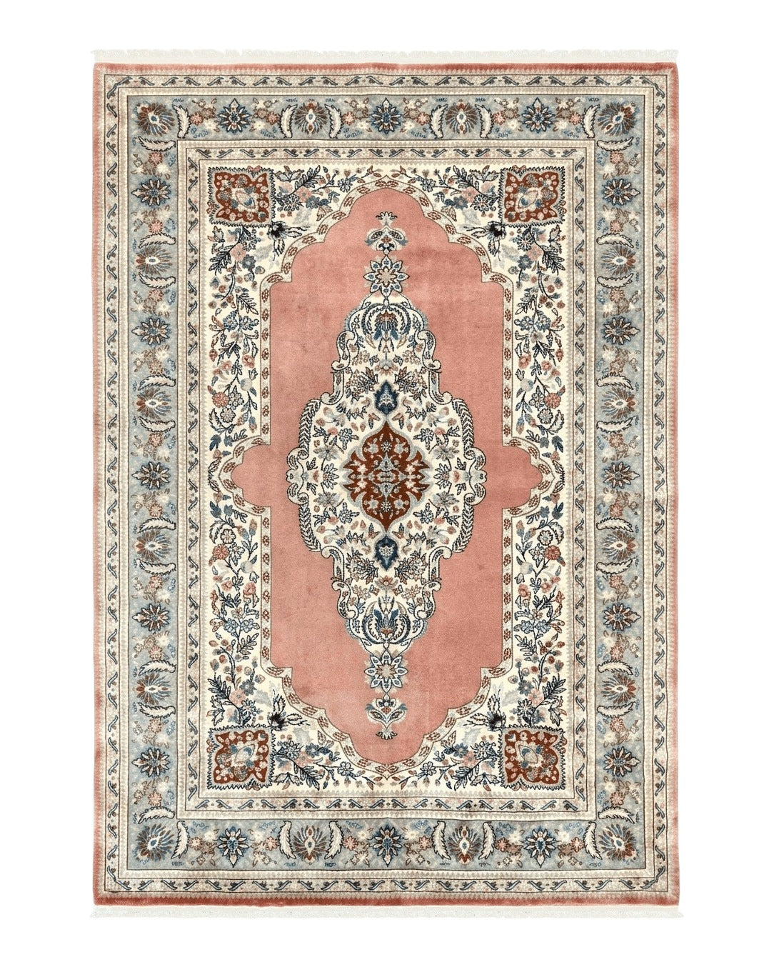 Indo Persian Rug 6x9, Semi Open Field Medallion Rug, Vintage Hand Knotted Wool Oriental Carpet, Traditional Rug, Light Pink, Medium Size