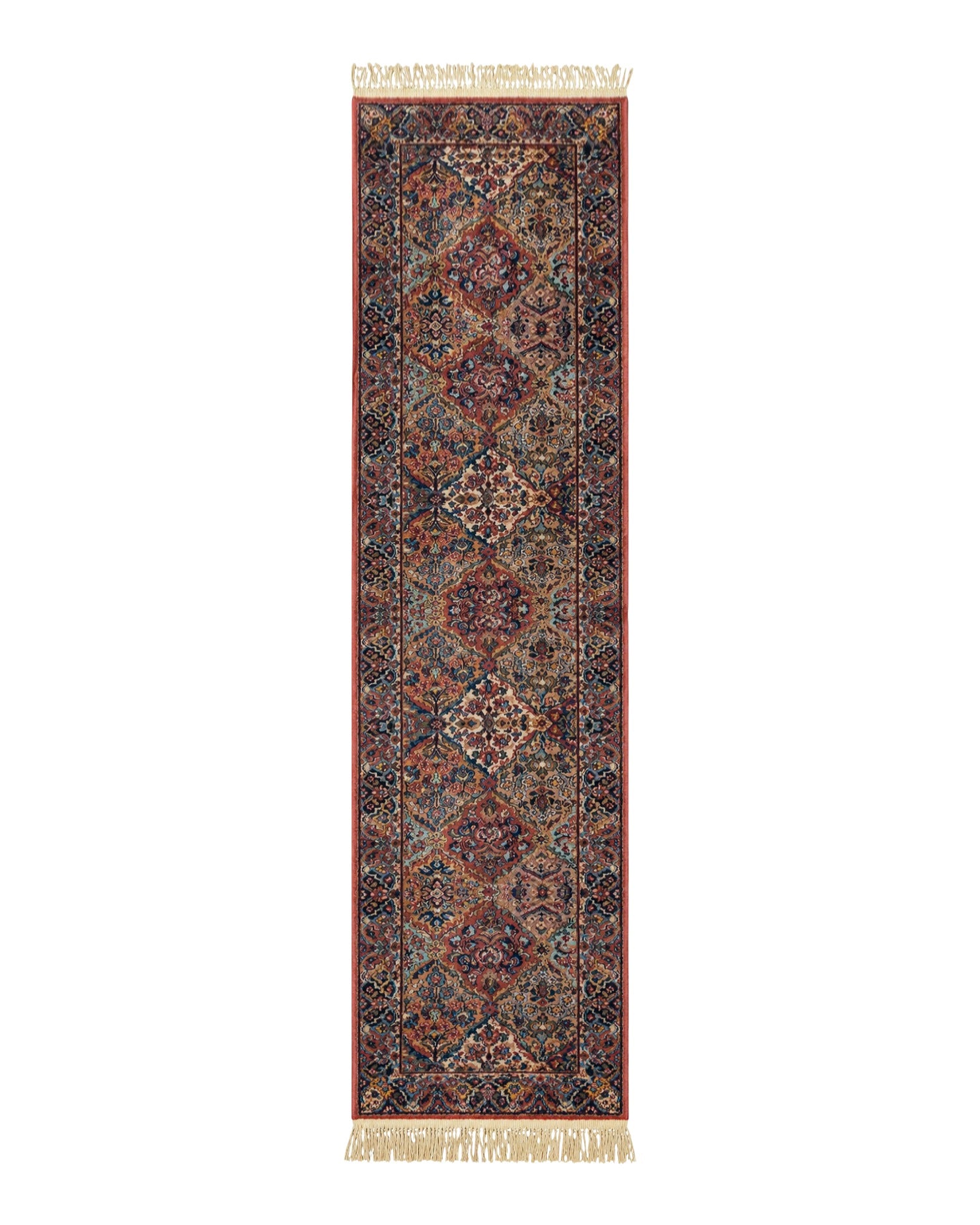 Karastan Runner Rug 2.6 x 12, Multicolor Panel Kirman #717, Wool, Rare USA 2' 6" x 12' in Red, Blue, Light Yellow, Light Green, Teal, Ivory, Multicolor - 2605L002