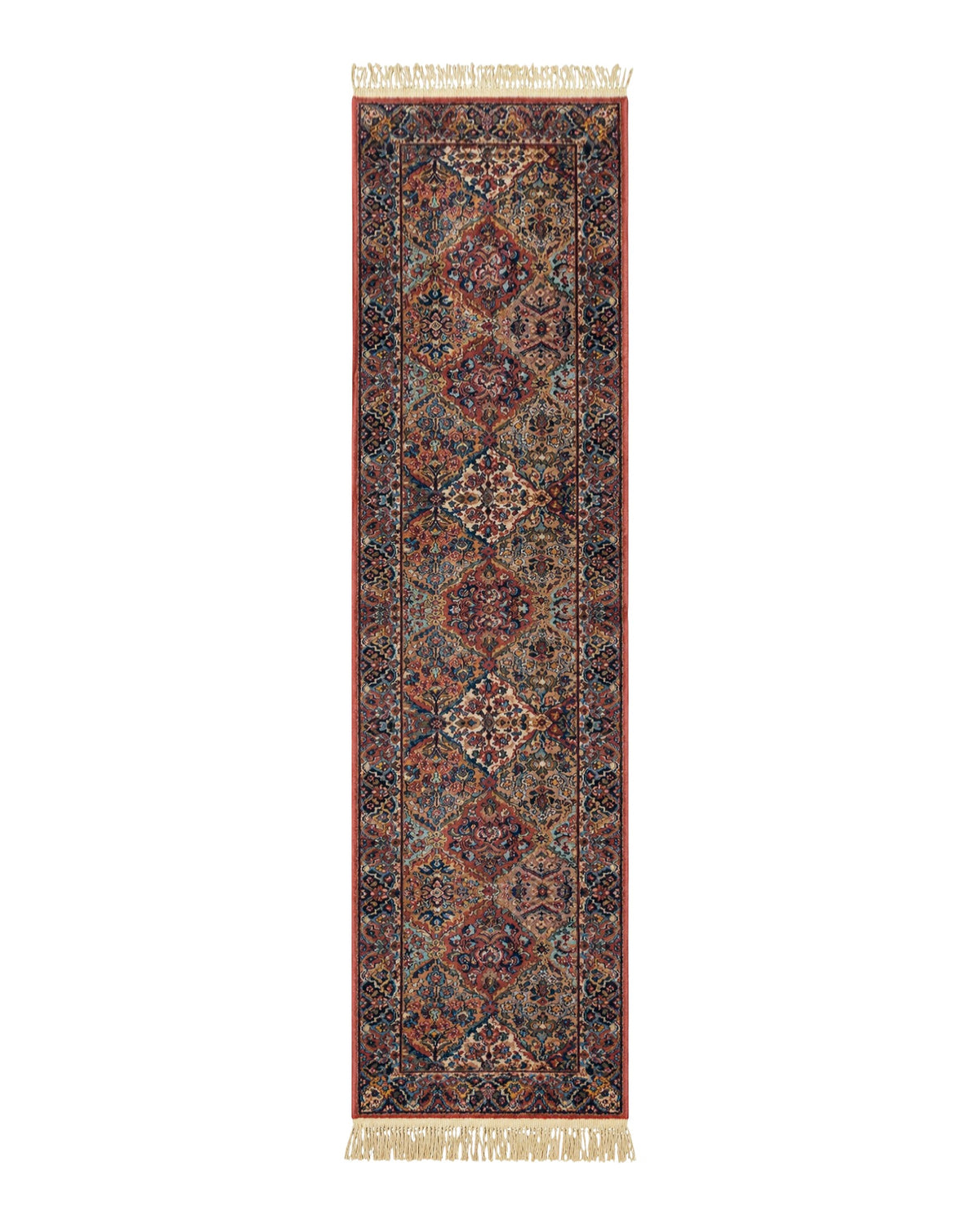 Karastan Runner Rug 2.6 x 12, Multicolor Panel Kirman #717, Wool, Rare USA 2' 6" x 12' in Red, Blue, Light Yellow, Light Green, Teal, Ivory, Multicolor - 2605L002