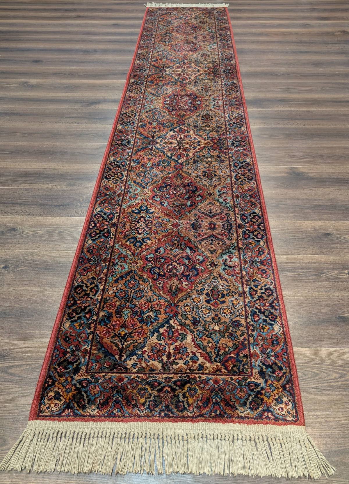 Karastan Runner Rug 2.6 x 12, Multicolor Panel Kirman #717, Wool, Rare USA 2' 6" x 12' in Red, Blue, Light Yellow, Light Green, Teal, Ivory, Multicolor - 2605L002