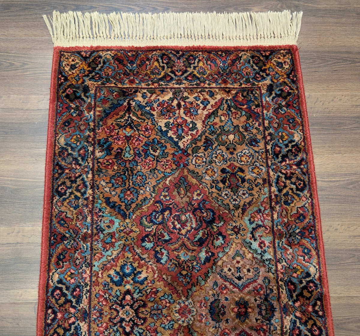 Karastan Runner Rug 2.6 x 12, Multicolor Panel Kirman #717, Wool, Rare USA 2' 6" x 12' in Red, Blue, Light Yellow, Light Green, Teal, Ivory, Multicolor - 2605L002