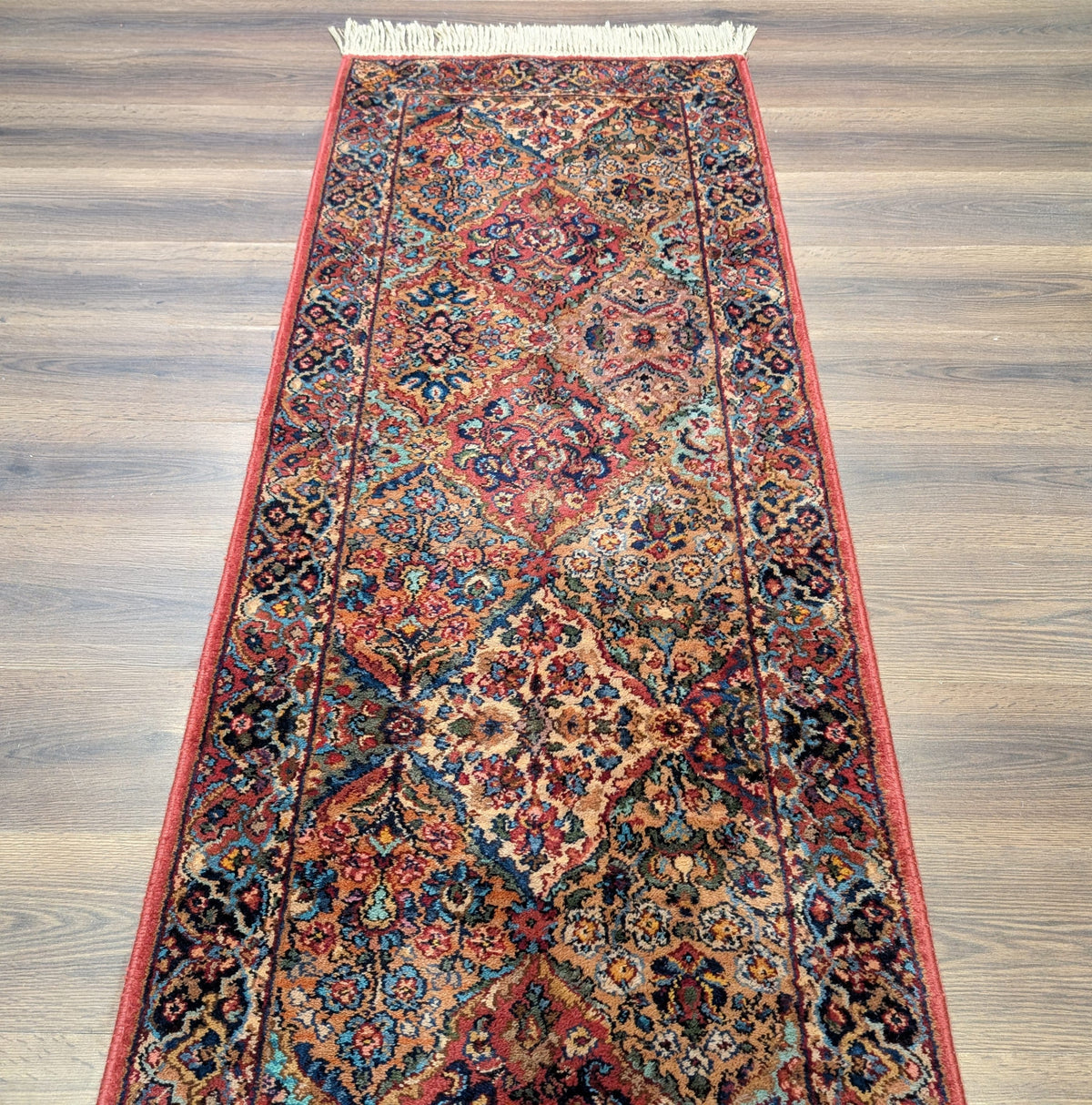 Karastan Runner Rug 2.6 x 12, Multicolor Panel Kirman #717, Wool, Rare USA 2' 6" x 12' in Red, Blue, Light Yellow, Light Green, Teal, Ivory, Multicolor - 2605L002