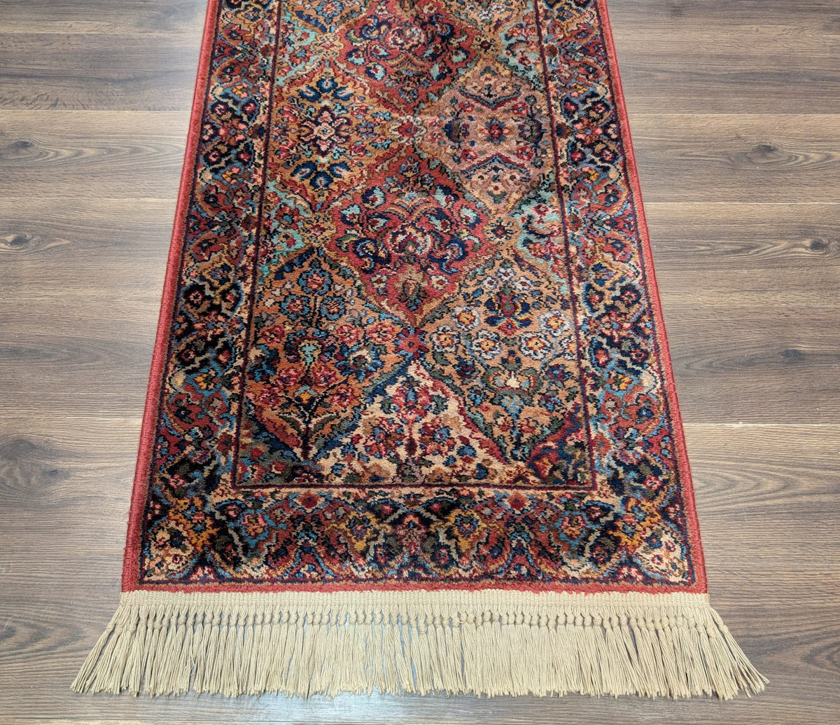 Karastan Runner Rug 2.6 x 12, Multicolor Panel Kirman #717, Wool, Rare USA 2' 6" x 12' in Red, Blue, Light Yellow, Light Green, Teal, Ivory, Multicolor - 2605L002