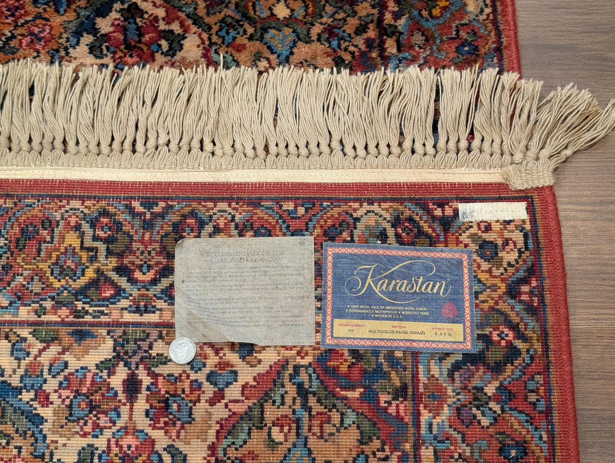 Karastan Runner Rug 2.6 x 12, Multicolor Panel Kirman #717, Wool, Rare USA 2' 6" x 12' in Red, Blue, Light Yellow, Light Green, Teal, Ivory, Multicolor - 2605L002