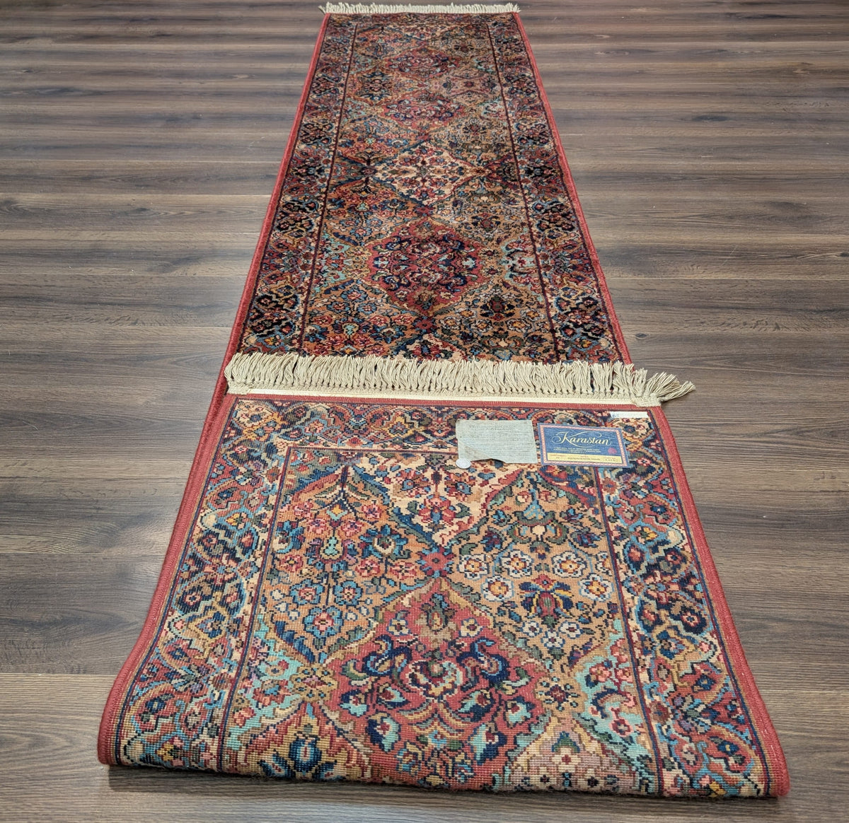 Karastan Runner Rug 2.6 x 12, Multicolor Panel Kirman #717, Wool, Rare USA 2' 6" x 12' in Red, Blue, Light Yellow, Light Green, Teal, Ivory, Multicolor - 2605L002