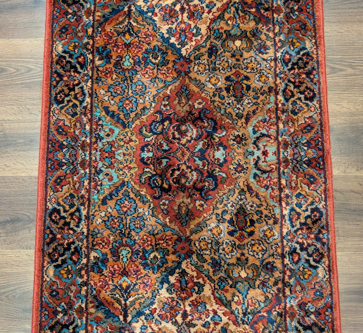 Karastan Runner Rug 2.6 x 12, Multicolor Panel Kirman #717, Wool, Rare USA 2' 6" x 12' in Red, Blue, Light Yellow, Light Green, Teal, Ivory, Multicolor - 2605L002