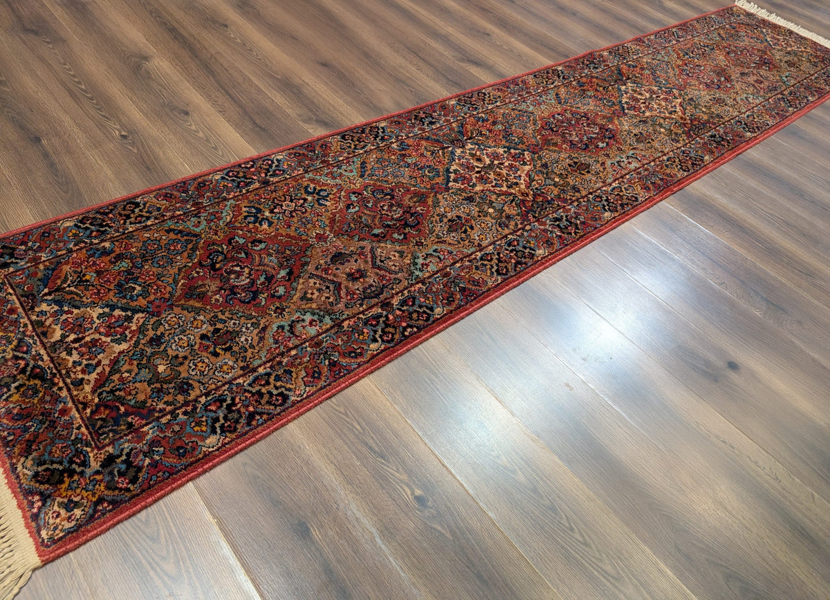 Karastan Runner Rug 2.6 x 12, Multicolor Panel Kirman #717, Wool, Rare USA 2' 6" x 12' in Red, Blue, Light Yellow, Light Green, Teal, Ivory, Multicolor - 2605L002