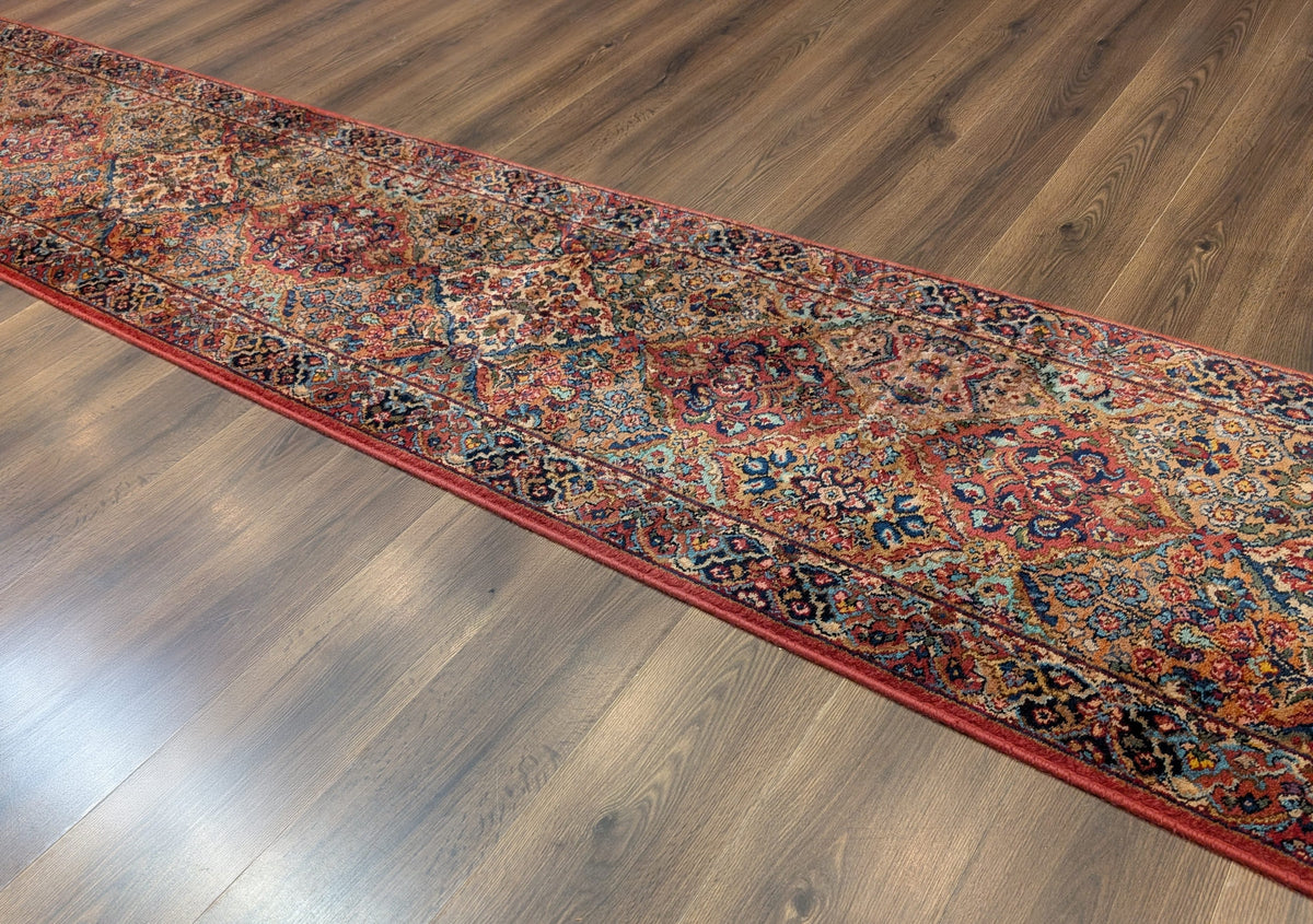 Karastan Runner Rug 2.6 x 12, Multicolor Panel Kirman #717, Wool, Rare USA 2' 6" x 12' in Red, Blue, Light Yellow, Light Green, Teal, Ivory, Multicolor - 2605L002