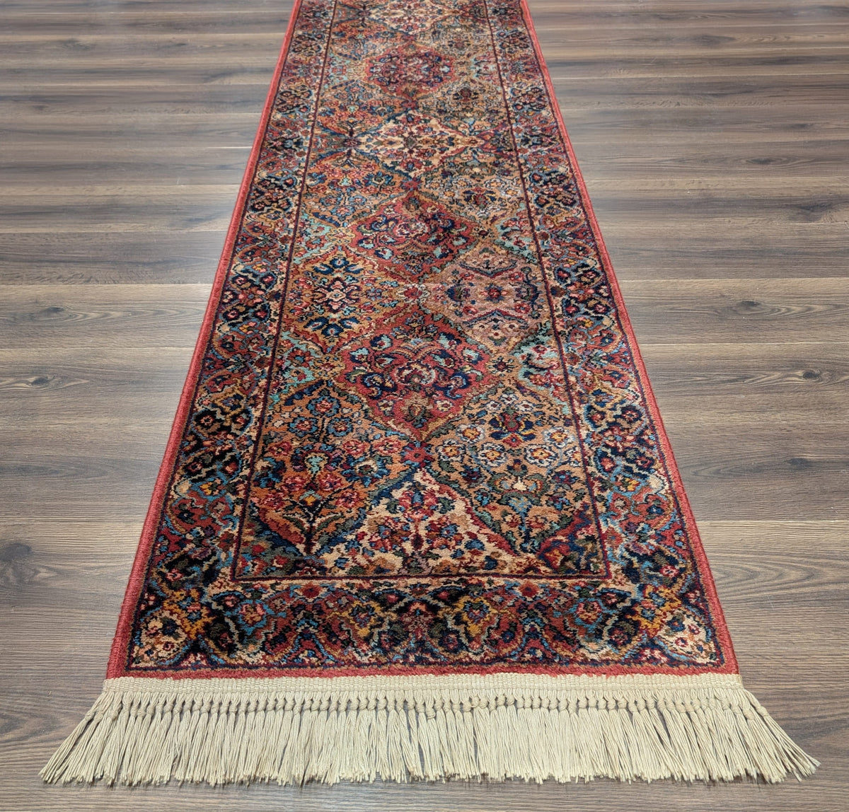 Karastan Runner Rug 2.6 x 12, Multicolor Panel Kirman #717, Wool, Rare USA 2' 6" x 12' in Red, Blue, Light Yellow, Light Green, Teal, Ivory, Multicolor - 2605L002