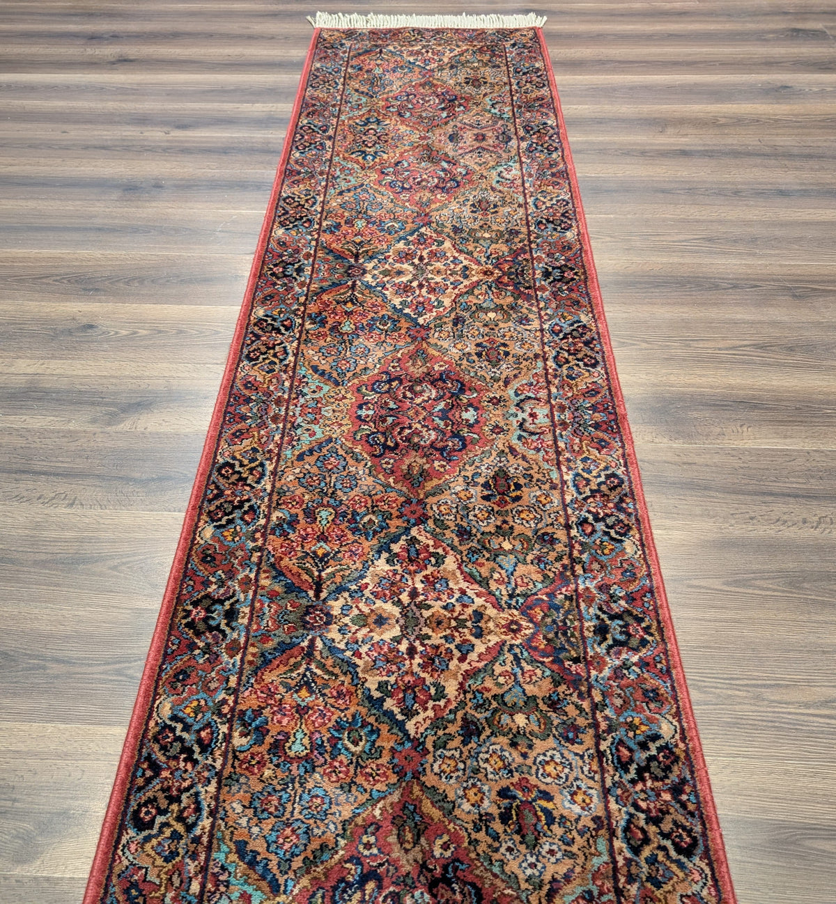 Karastan Runner Rug 2.6 x 12, Multicolor Panel Kirman #717, Wool, Rare USA 2' 6" x 12' in Red, Blue, Light Yellow, Light Green, Teal, Ivory, Multicolor - 2605L002