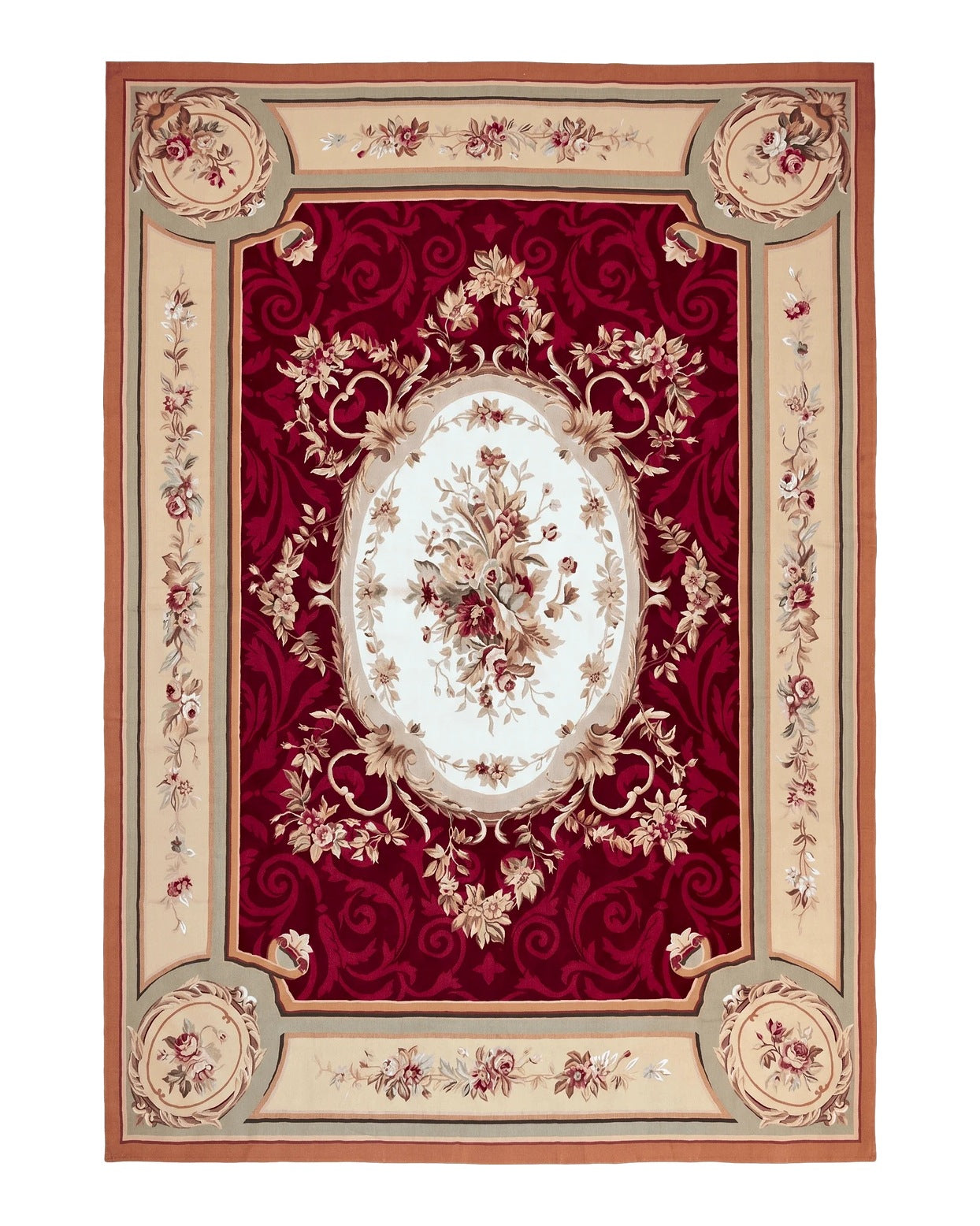 Large Aubusson Rug 10x14, Wool Handmade Vintage Carpet, Dark Red Ivory Tan, French European Elegant Aubusson Weave Rug China 10x14.3 - 2306L165
