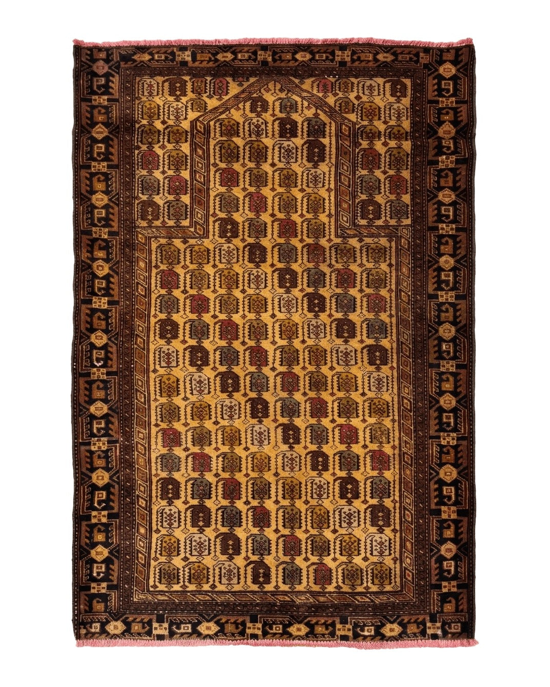 Persian Baluchi Prayer Rug 3x5 – Repeated Boteh Design, Golden-Tan, Handmade Wool Carpet Azerbaijan 3x4.5 - 2411L096