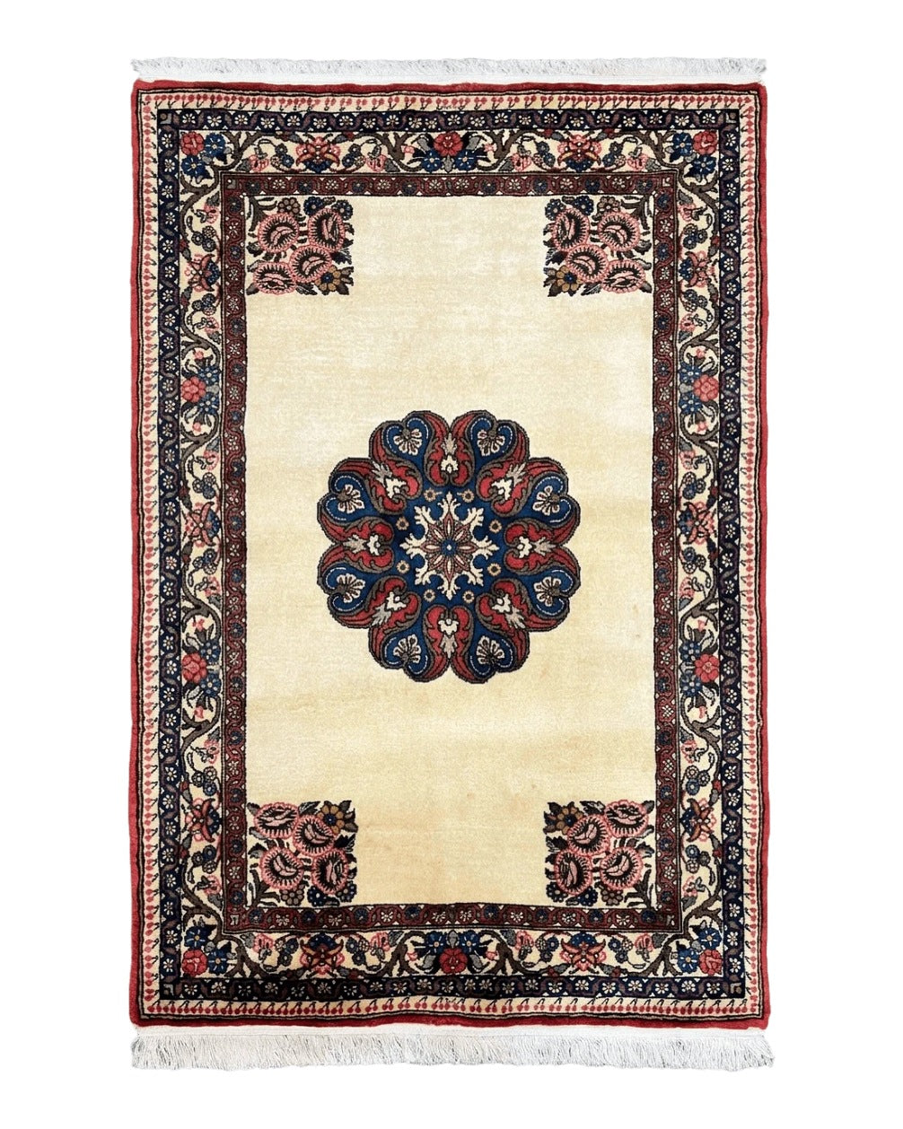 Persian Bidjar Rug 3x5, Open Field Medallion, Hand Knotted, Ivory/Cream Red Blue, Wool Oriental Bijar Carpet, 3 x 5 Vintage Area Rug, Floral Roses, Fine Azerbaijan 3.4x5 - 2210L047