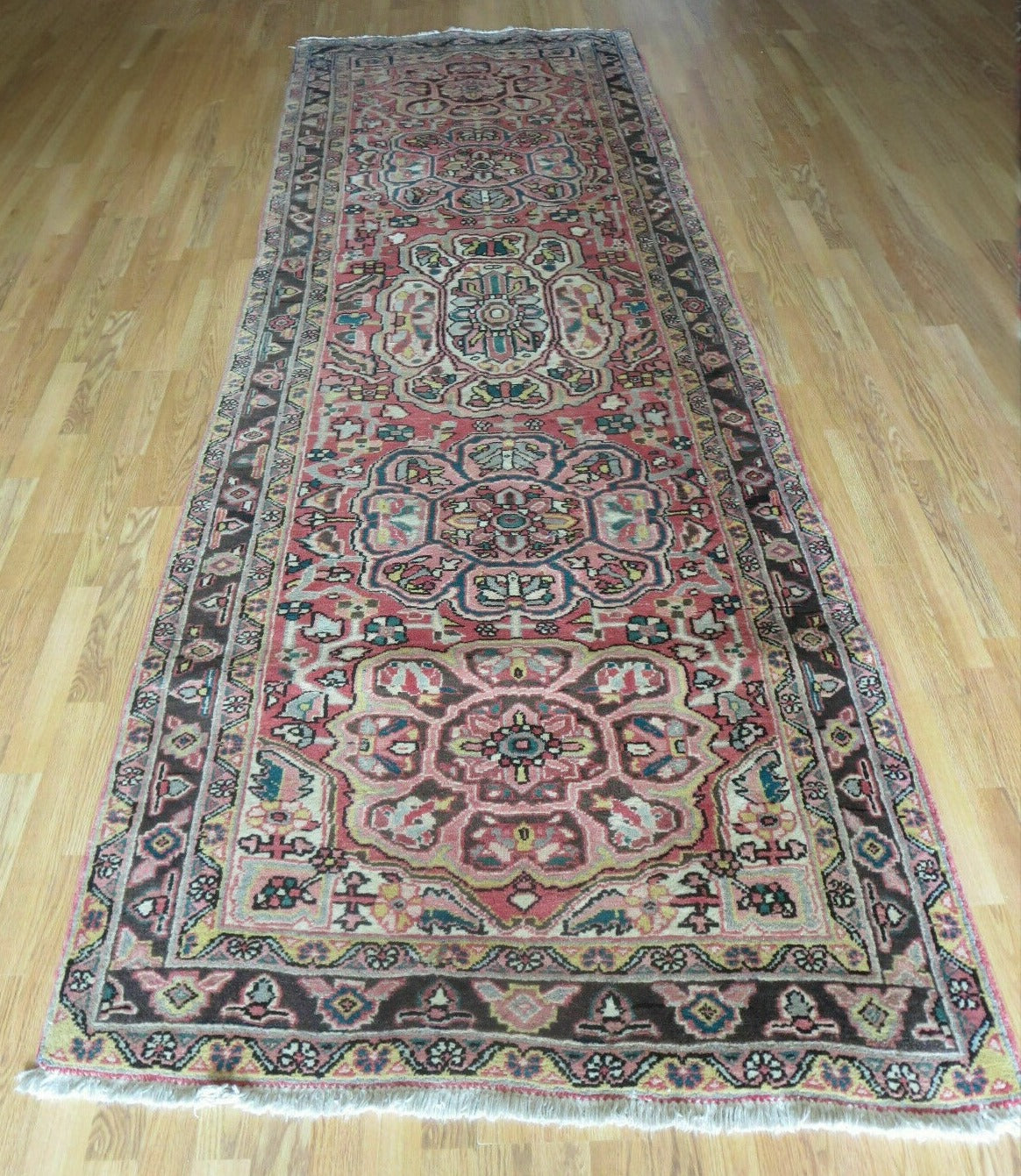 Persian Heriz Ahar Runner 3' 9" x 10' 6" Azerbaijan 3' 9" x 10' 6" in Rose and Charcoal, Teal, Ivory - 2605J016