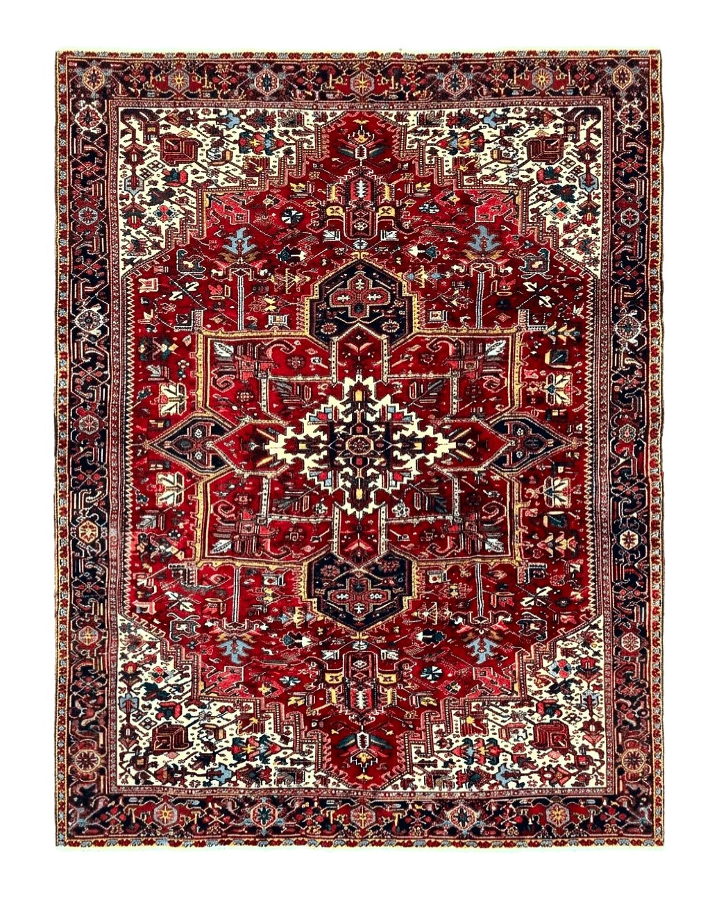 Persian Heriz Rug 10x13, Wool Hand Knotted Vintage Carpet, Geometric Medallion Tribal Oriental Rug, Red & Ivory, 10 x 13 Large Sized Rug Azerbaijan 9' 11" x 12' 7" - 2305L086