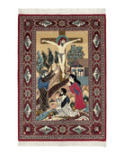 Persian Pictorial Rug 3x5, Persian Kashan Rug, Rare Christian Rug, Jesus on Cross, Hand Knotted Vintage Wool Carpet, Hanging Oriental Rug, Tan Dark Red, Unique Azerbaijan 3.5x5 - 2301L001