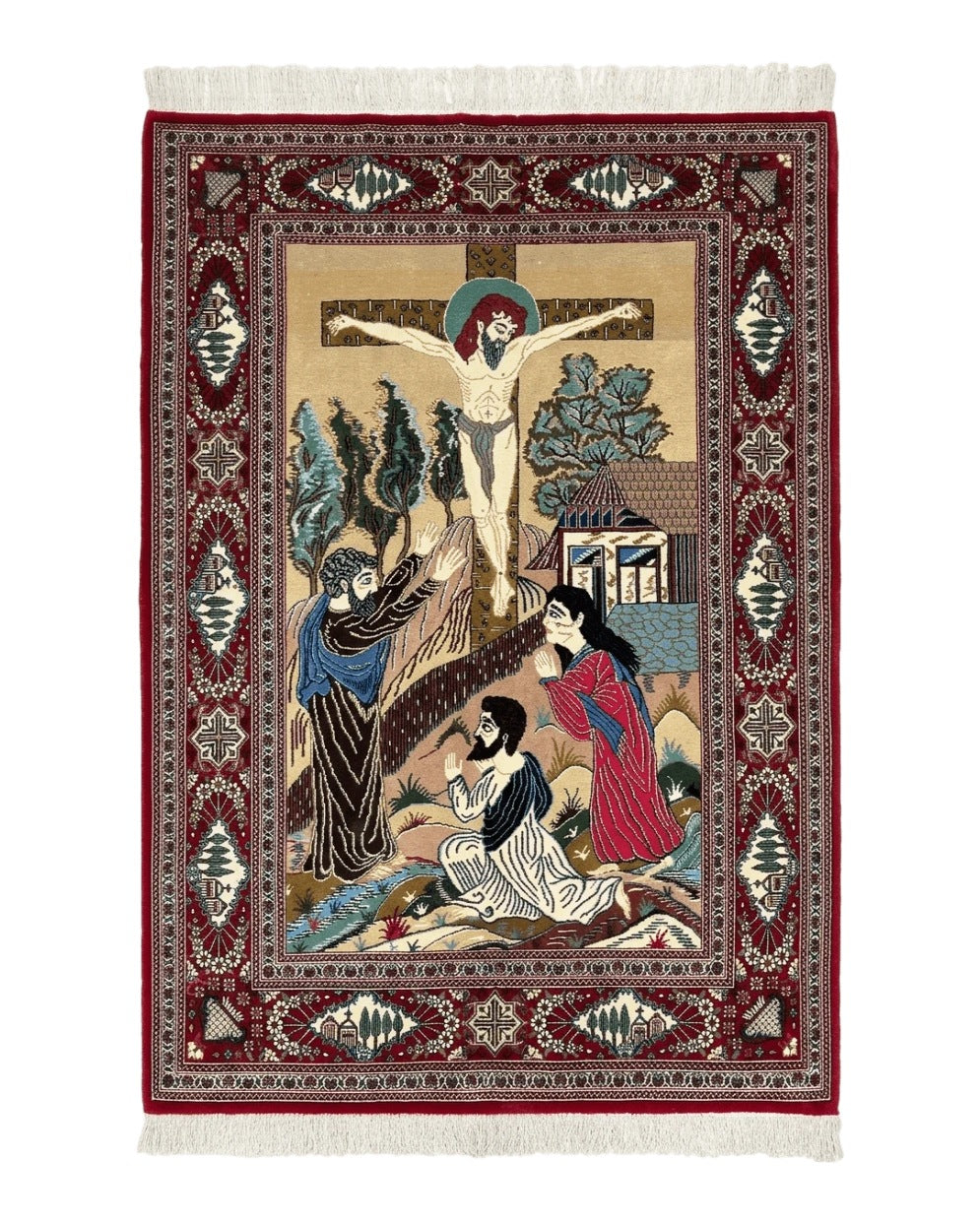 Persian Pictorial Rug 3x5, Persian Kashan Rug, Rare Christian Rug, Jesus on Cross, Hand Knotted Vintage Wool Carpet, Hanging Oriental Rug, Tan Dark Red, Unique Azerbaijan 3.5x5 - 2301L001