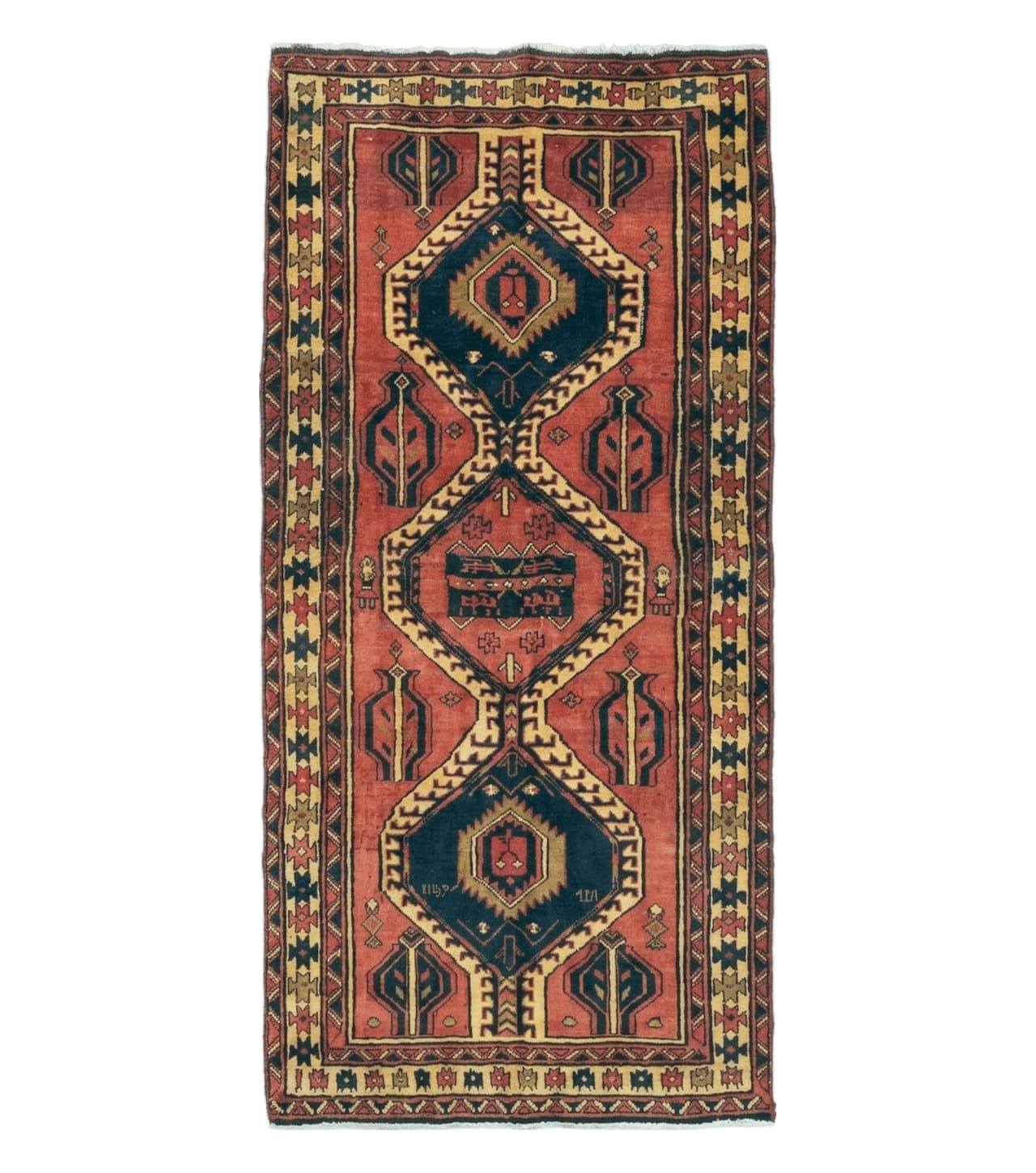 Persian Runner Rug 3x7, Tribal Geometric, Semi Antique Azerbaijan 3' 4" x 7' in Terracotta Red and Navy Blue - 2605J007